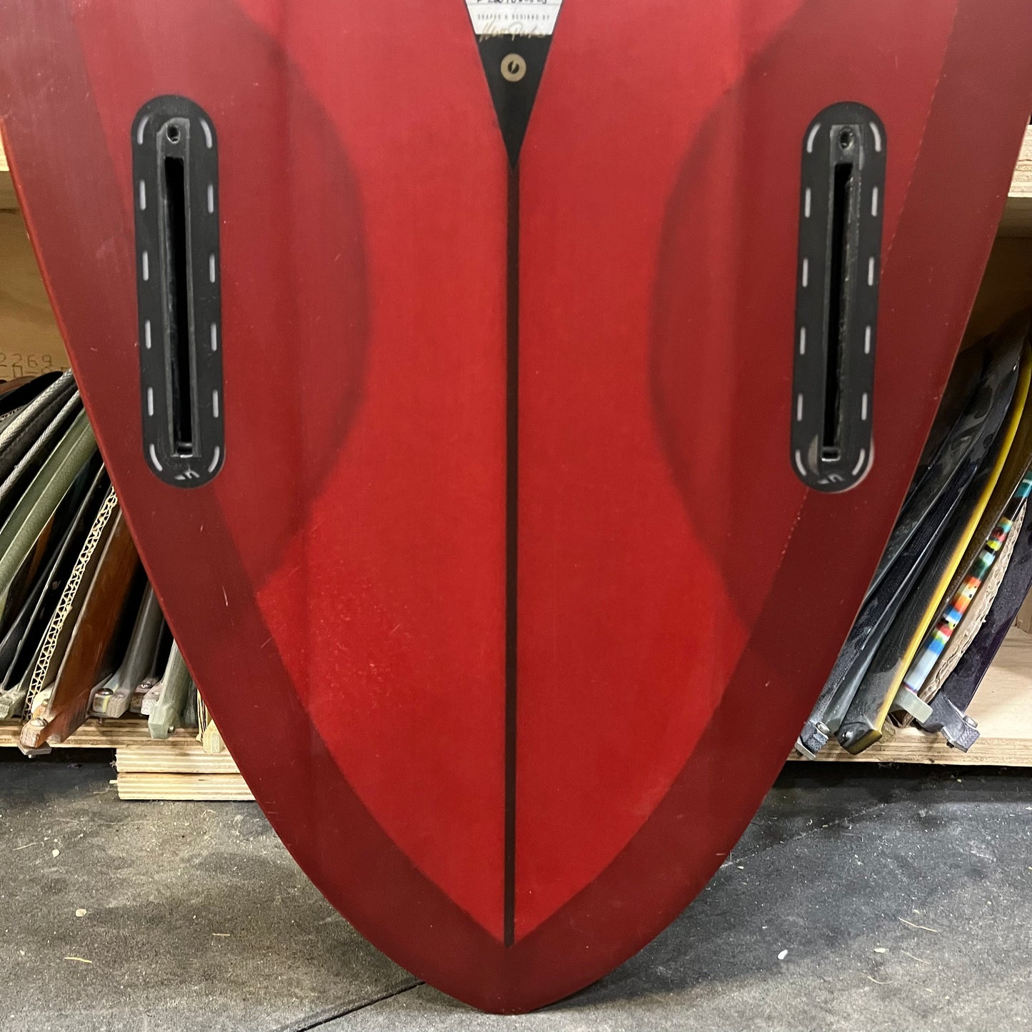 Album Plasmid 6'4" secondhand surfboard fin box close-up