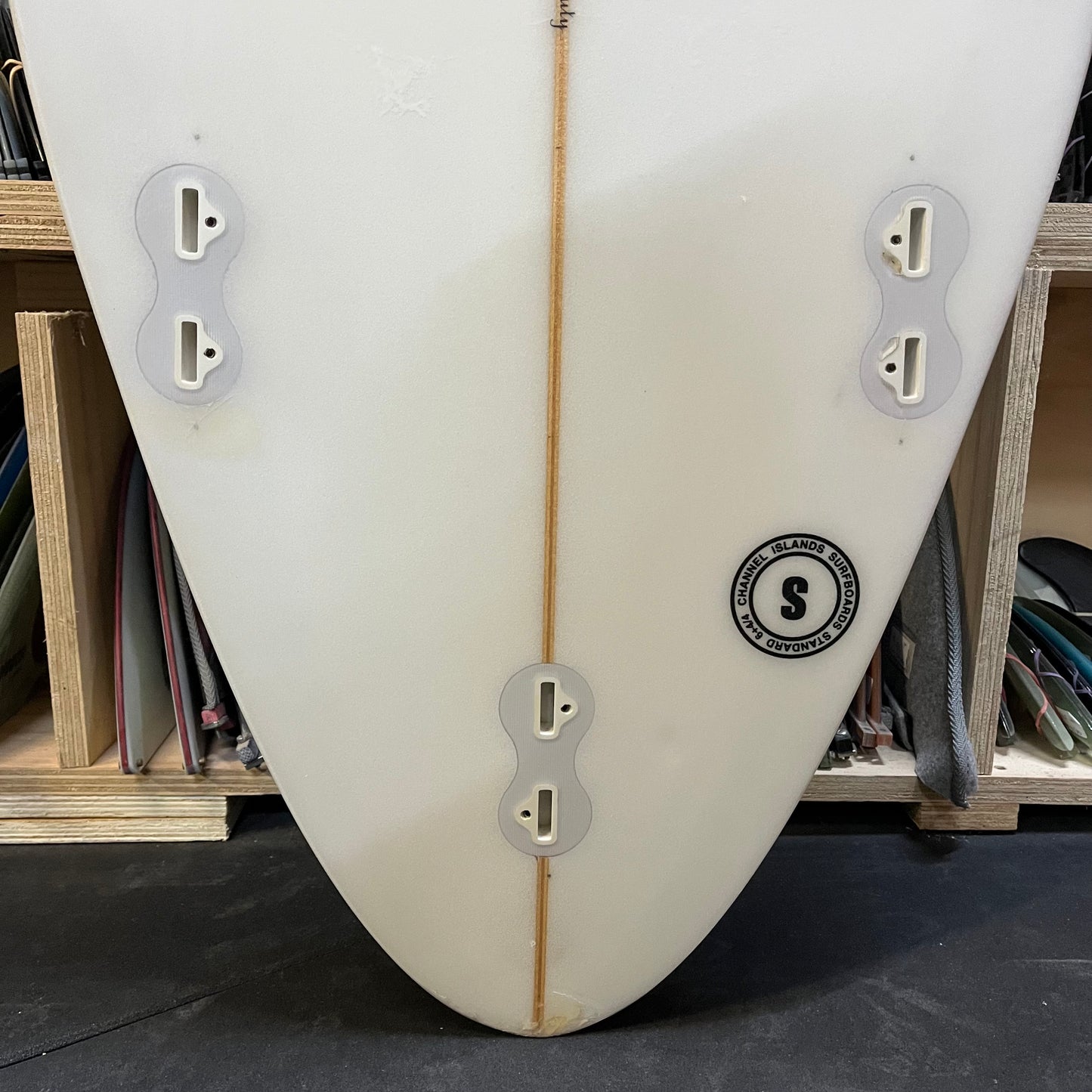 Channel Islands Black Beauty 6'9" secondhand surfboard fin box close-up