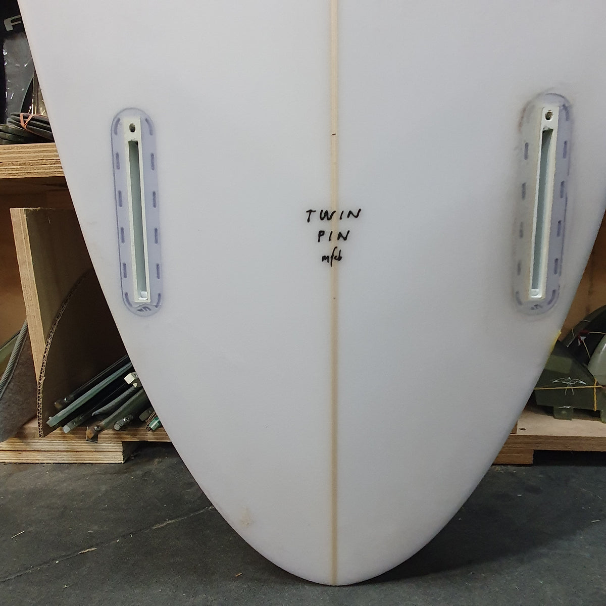 Channel Islands Twin Pin 6'2" secondhand surfboard fin box close-up