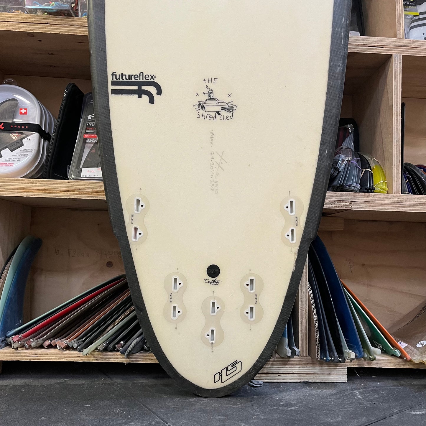 Hayden Shapes Shred Sled 6'4" secondhand surfboard fin box close-up