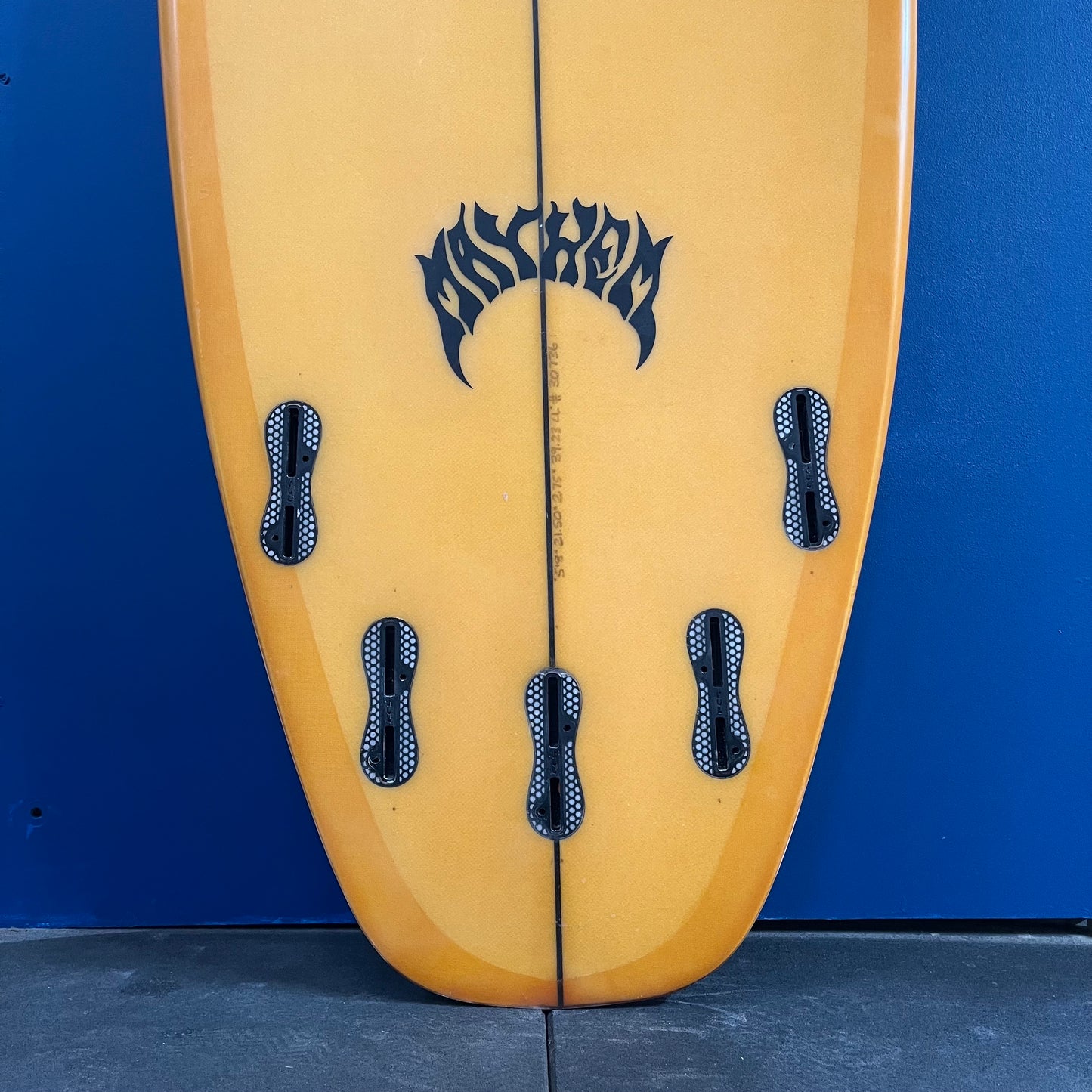 Lost Mayhem Bottom Feeder 5'8" secondhand surfboard fin box close-up