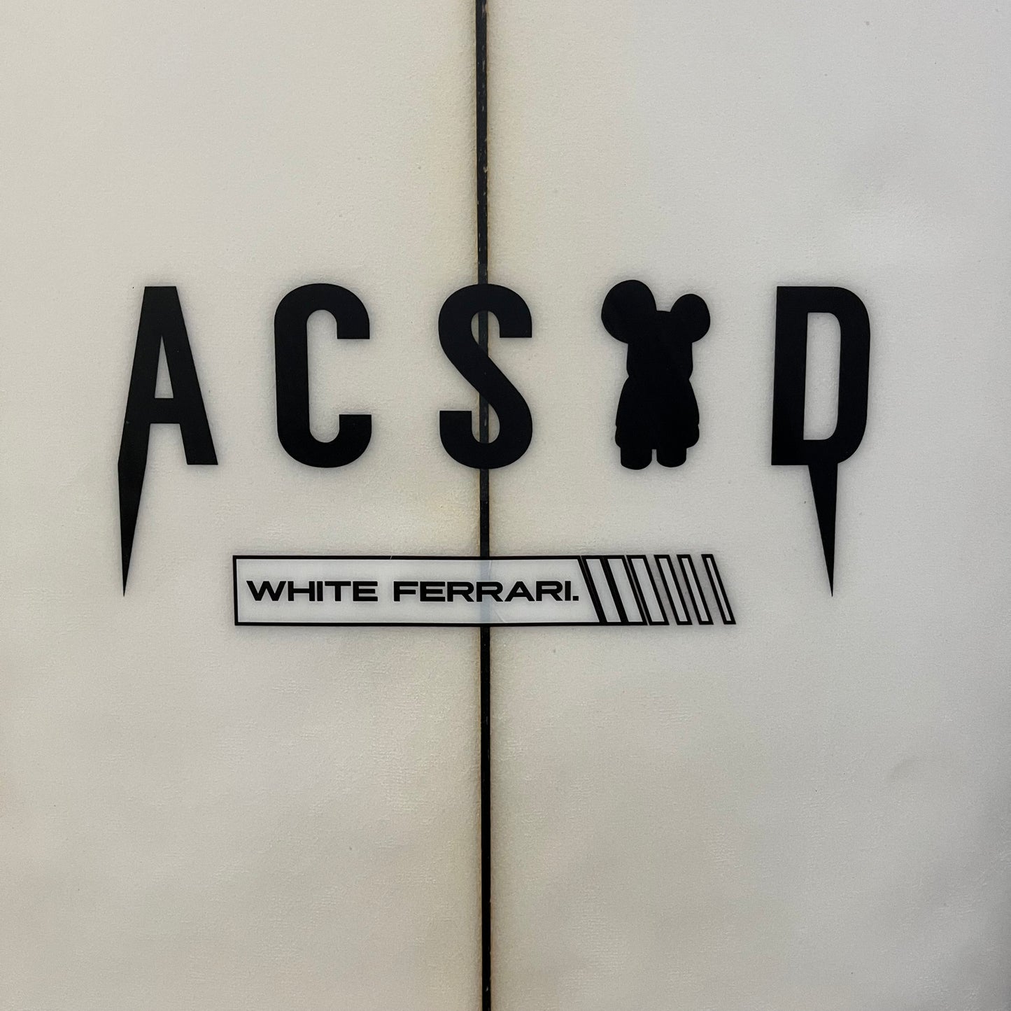 ACSOD White Ferrari 5'11" secondhand surfboard brand logo and model logo close-up