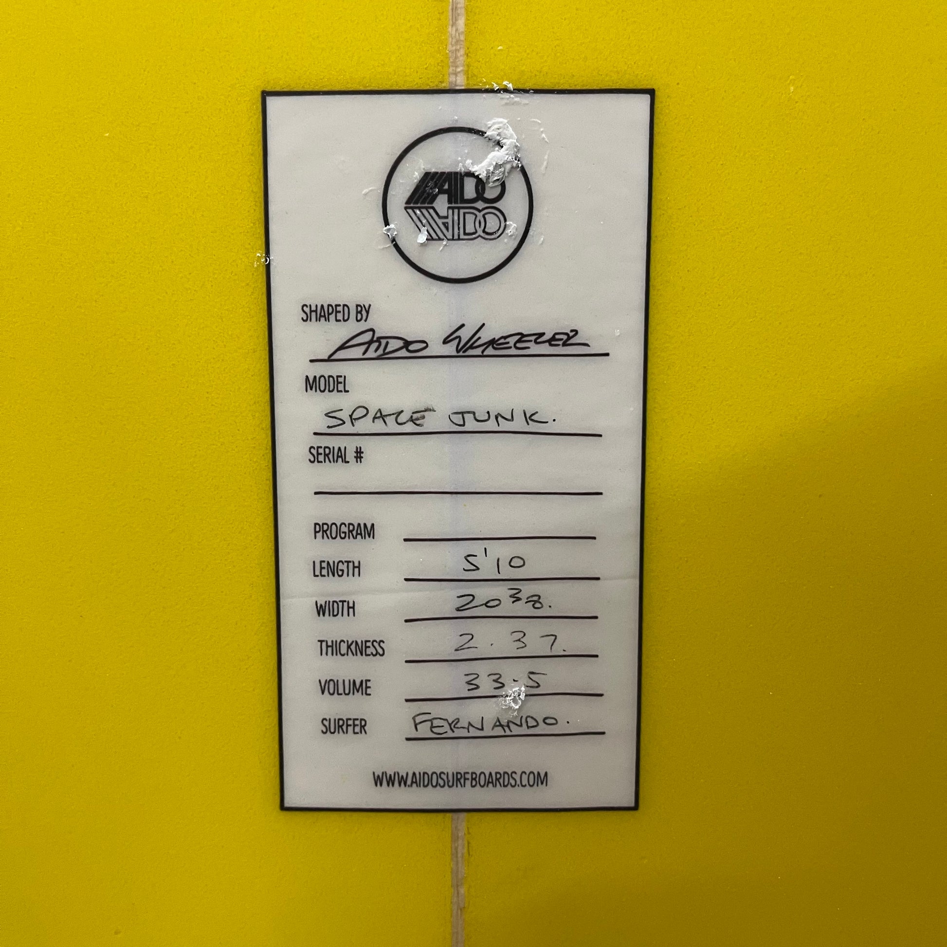 Aido Space Junk 5'10" secondhand surfboard dimensions close-up