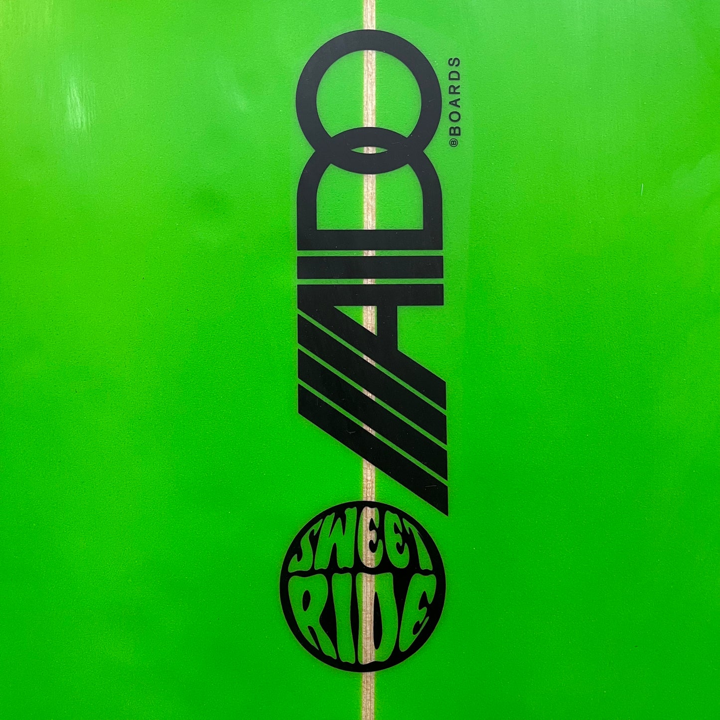 Aido Sweet Ride 6'11" secondhand surfboard brand and model logo close-up