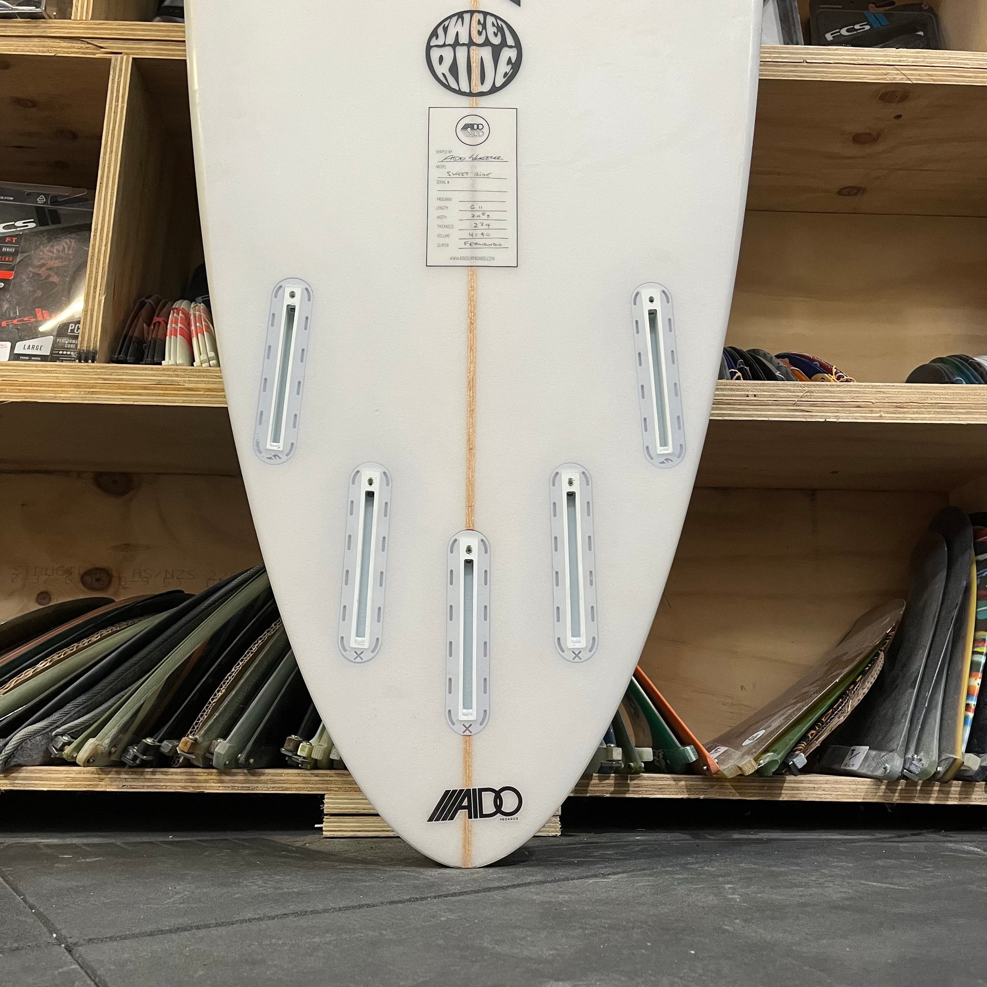 Aido Sweet Ride 6'11" secondhand surfboard fin boxes close-up