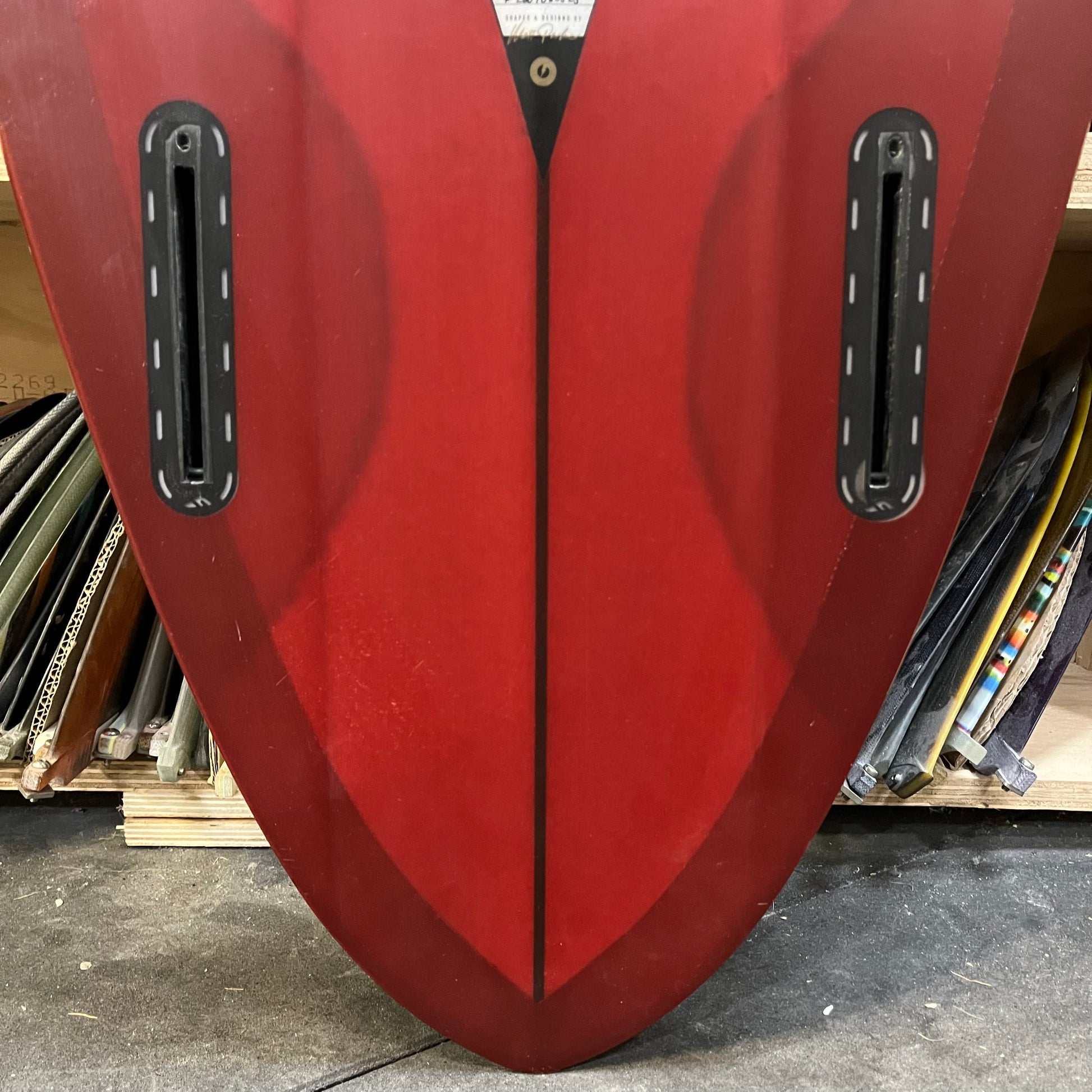 Album Plasmid 6'4" secondhand surfboard fin box close-up
