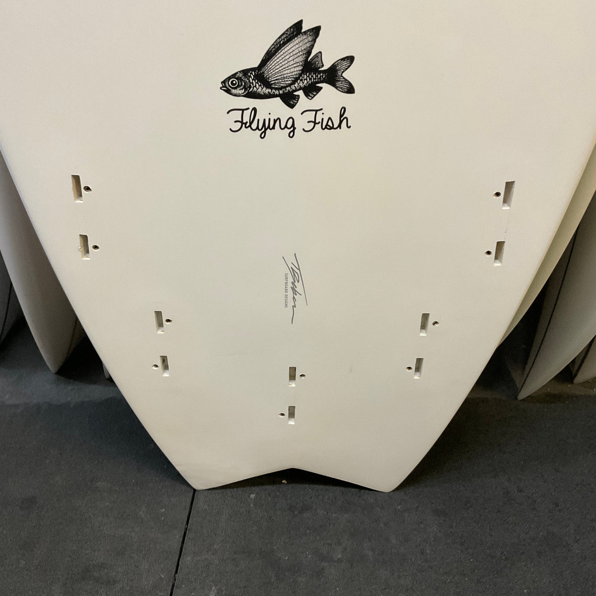 AQSS Flying Fish 6'0" secondhand surfboard fin box close-up
