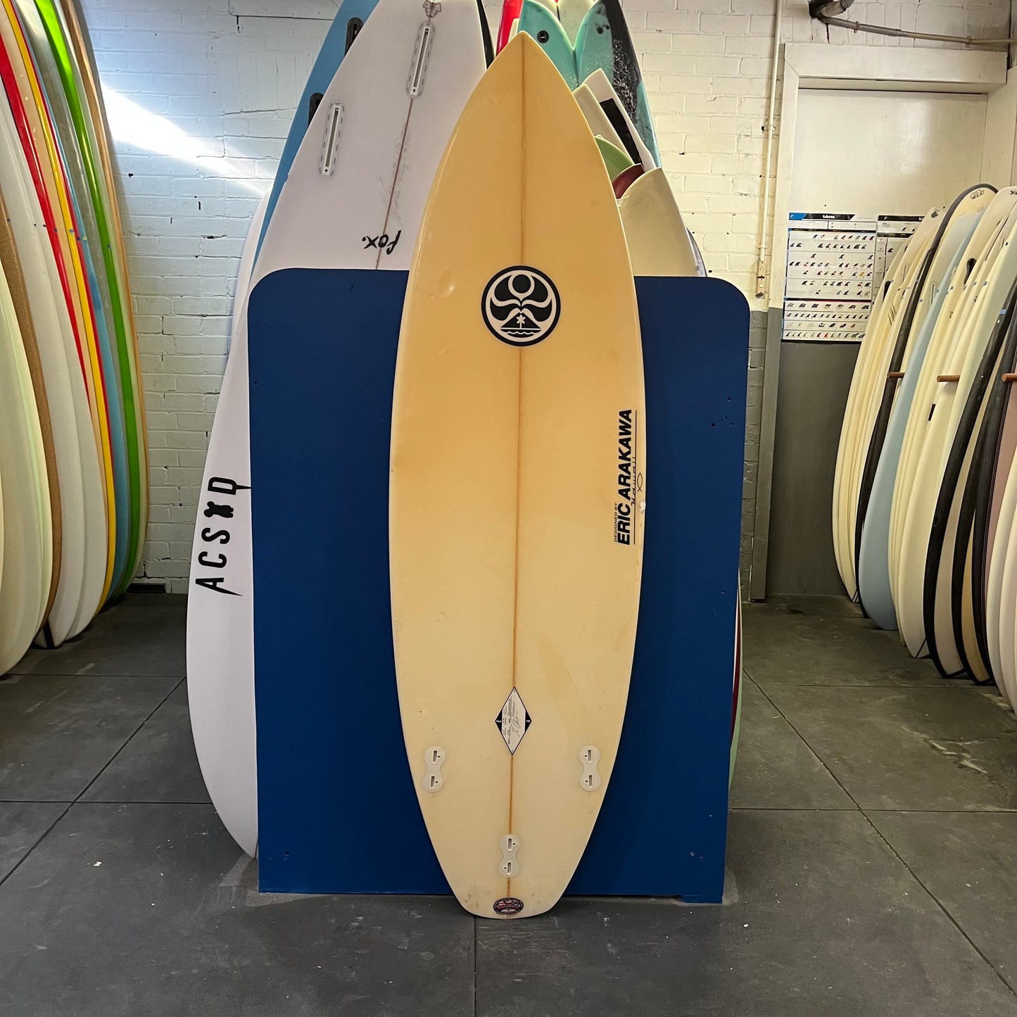 Eric Arakawa transformer 5'11" secondhand surfboard bottom view