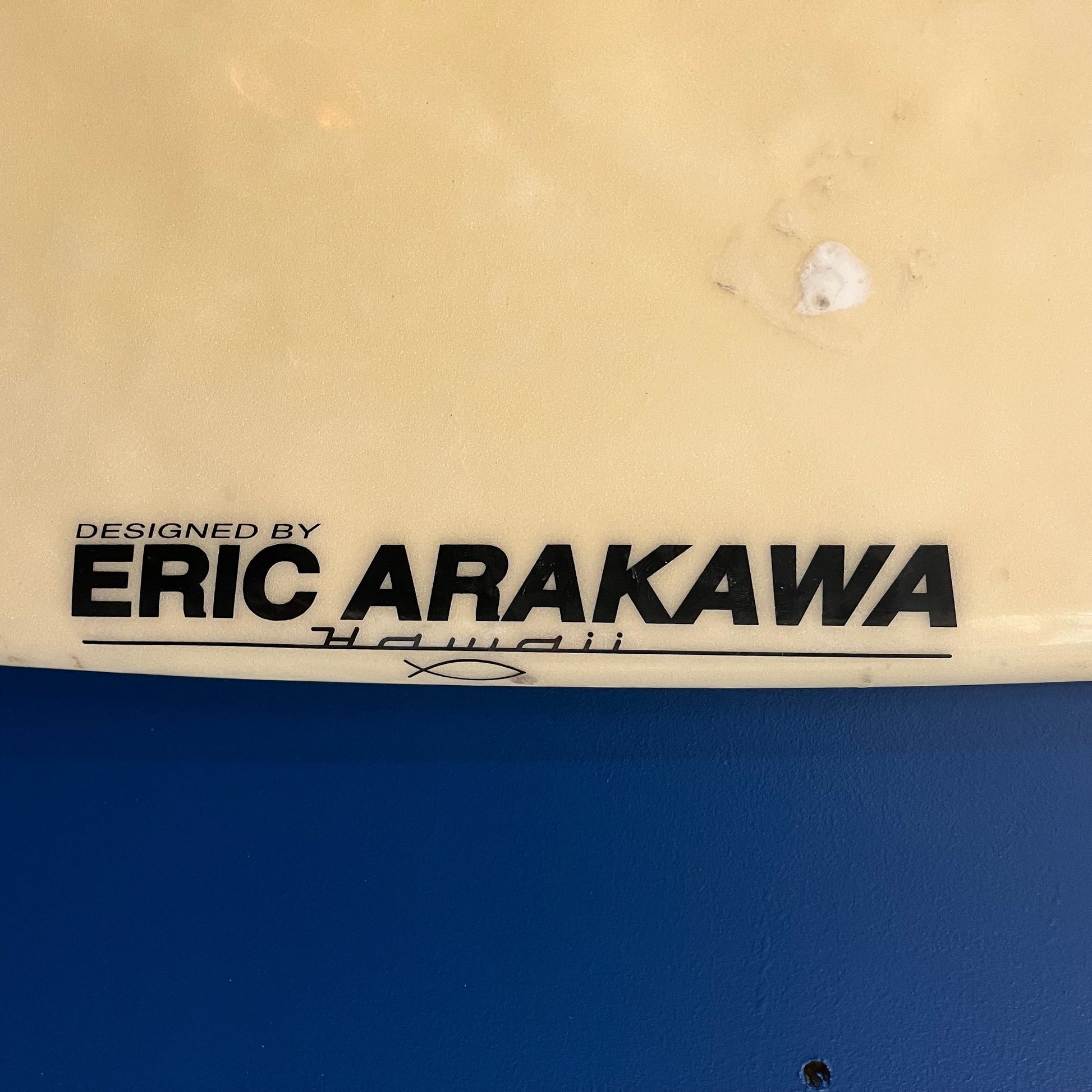 Eric Arakawa transformer 5'11" secondhand surfboard brand logo name close-up