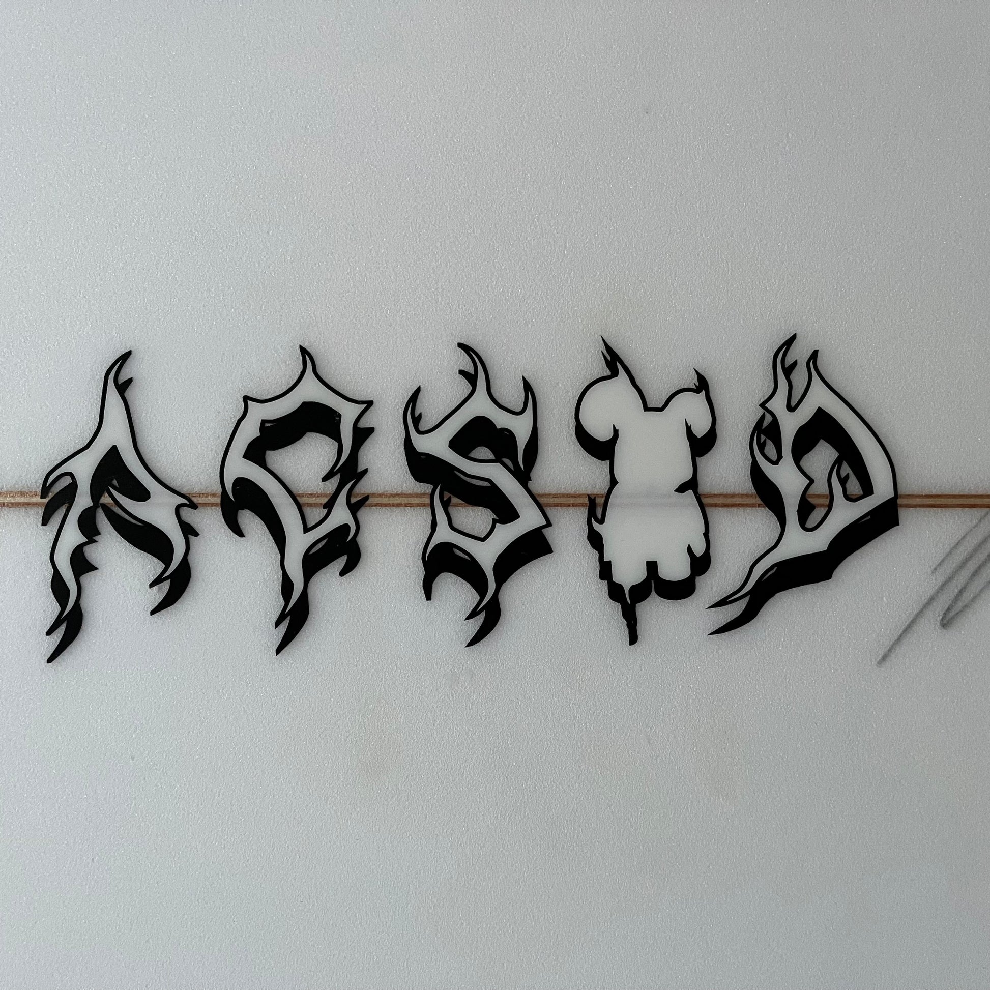 ASCOD custom 6'0" secondhand surfboard brand logo close-up