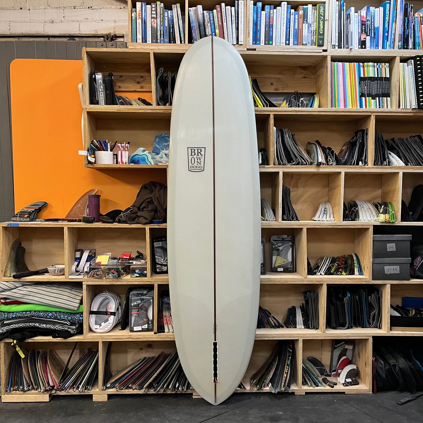 Brown Dogg Surfboards midlength pig pin tail 7'6" secondhand surfboard bottom view