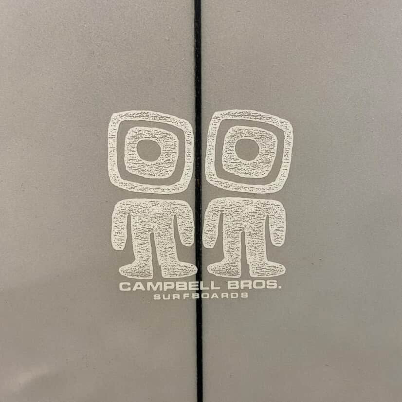 Campbell Brothers MBLV 5'8" secondhand surfboard brand logo close-up
