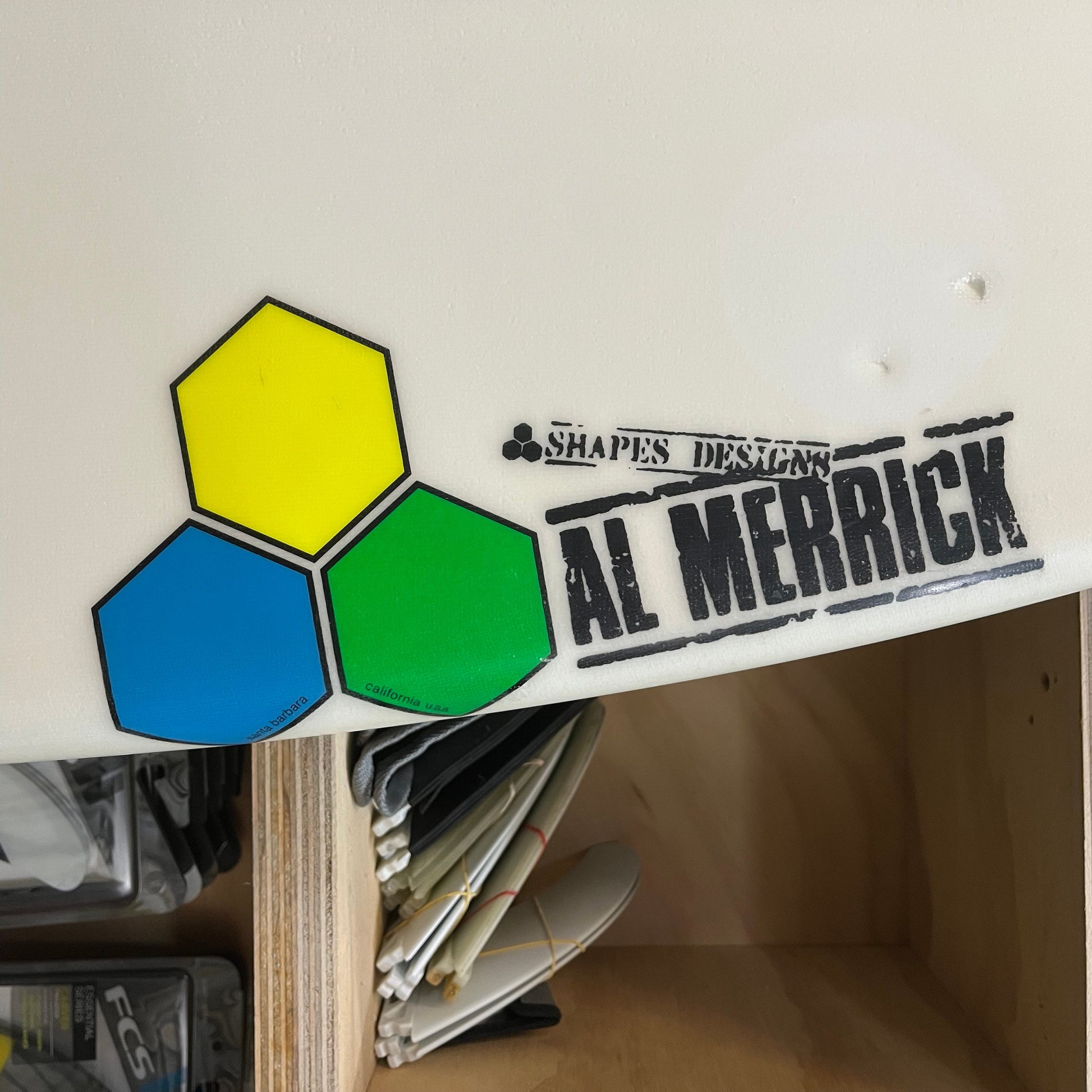 Channel Islands #4 6'0" secondhand surfboard brand logo close-up