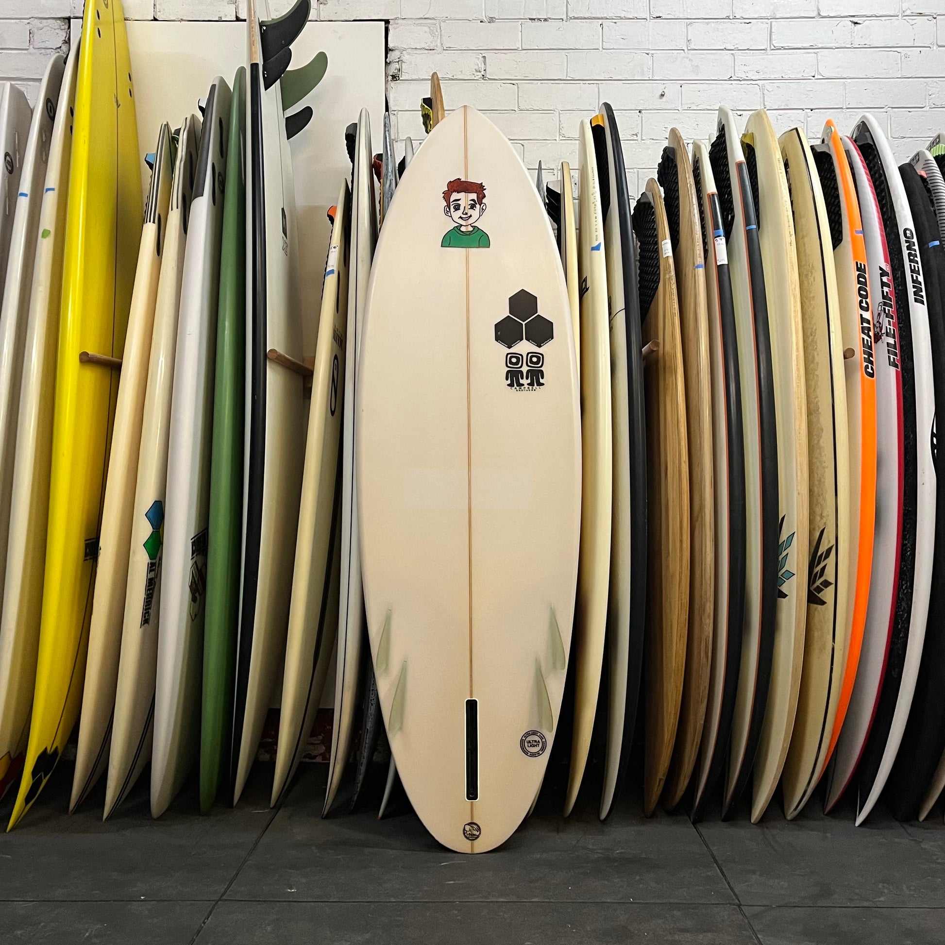 Channel Islands Bonzer Biscuit 5'8" secondhand surfboard bottom view