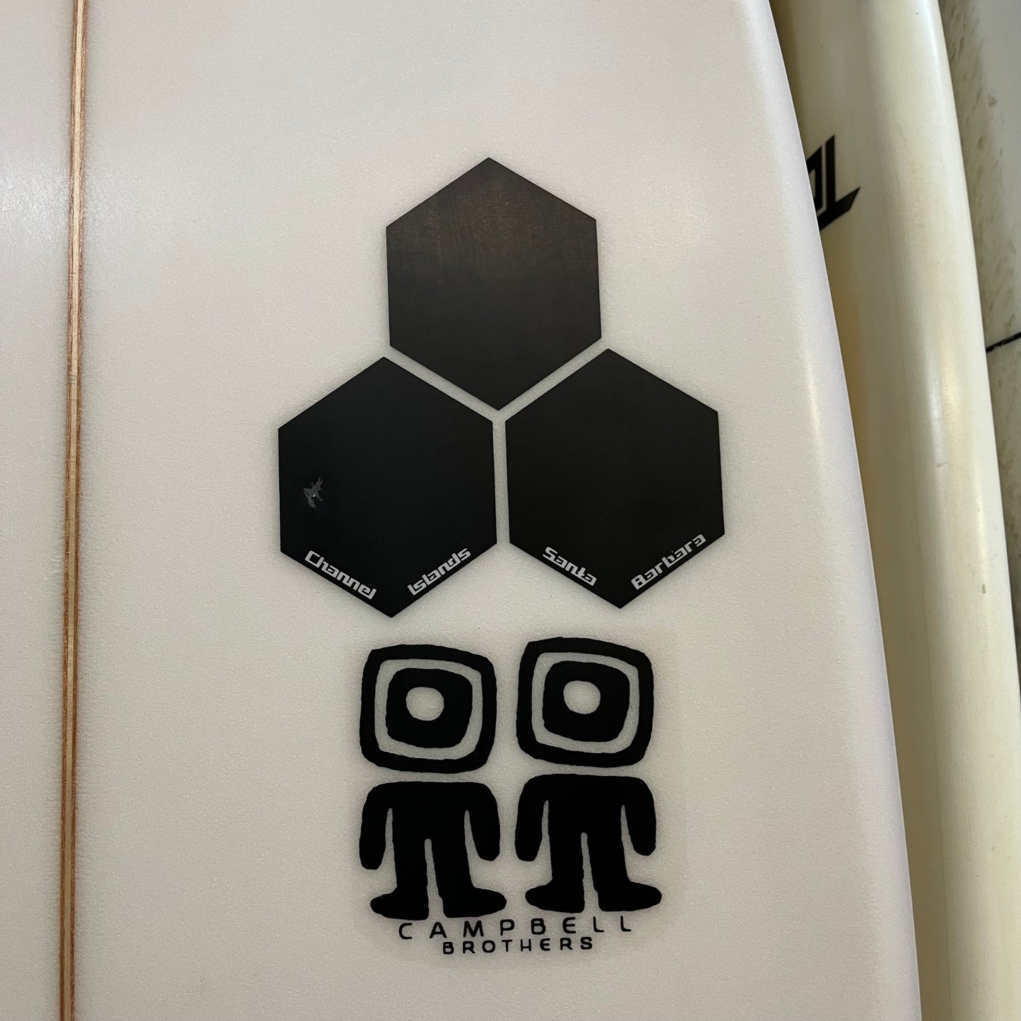 Channel Islands Bonzer Biscuit 5'8" secondhand surfboard brand logo close-up