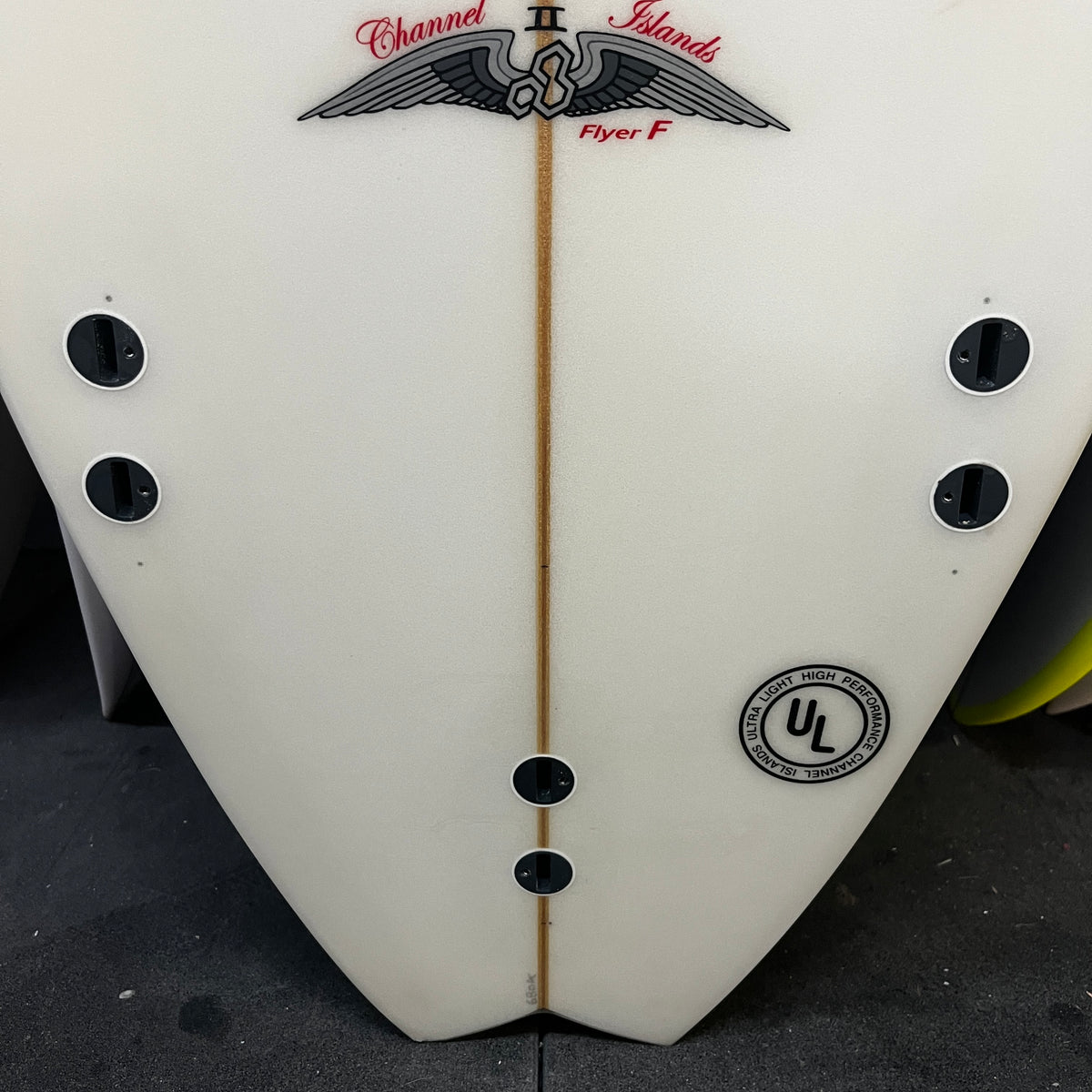 Channel Islands Flyer II 6'5" secondhand surfboard fin box close-up