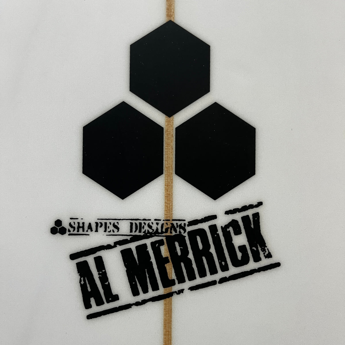 Channel Islands M23 7'2" secondhand surfboard brand logo close-up