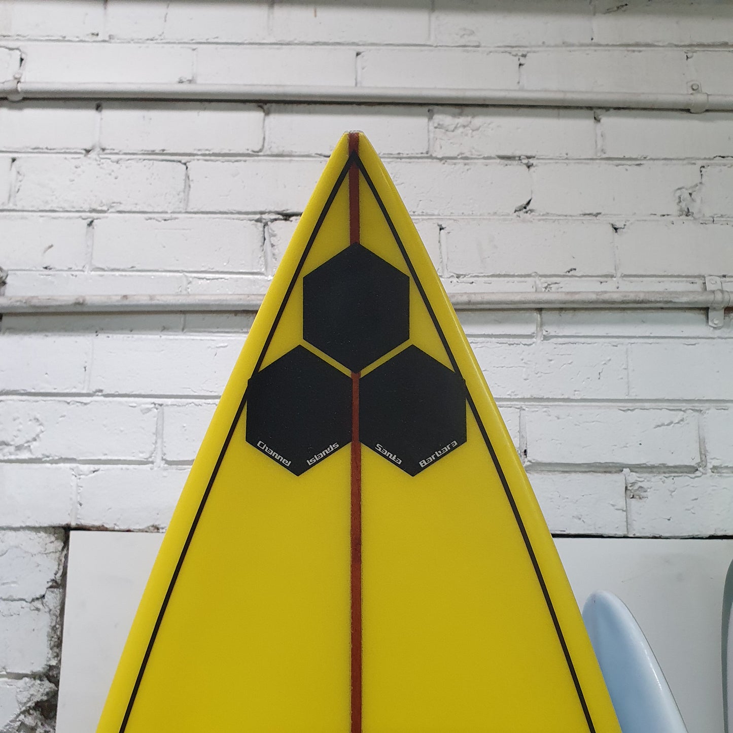 Channel Islands MG/Mavs Gun 8'0" secondhand surfboard brand logo close-up