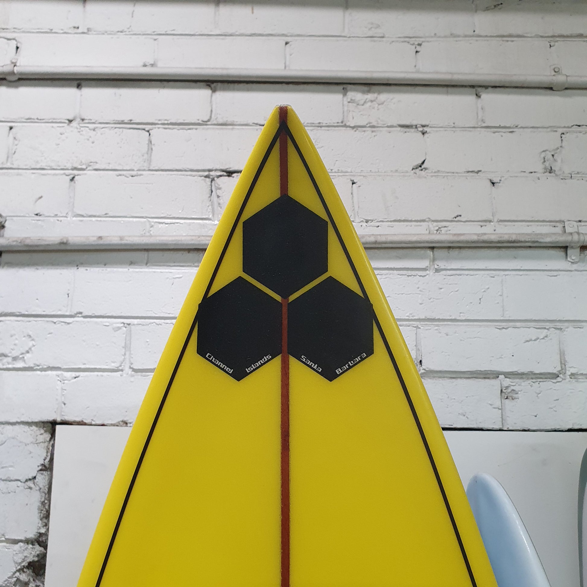 Channel Islands MG/Mavs Gun 8'0" secondhand surfboard brand logo close-up