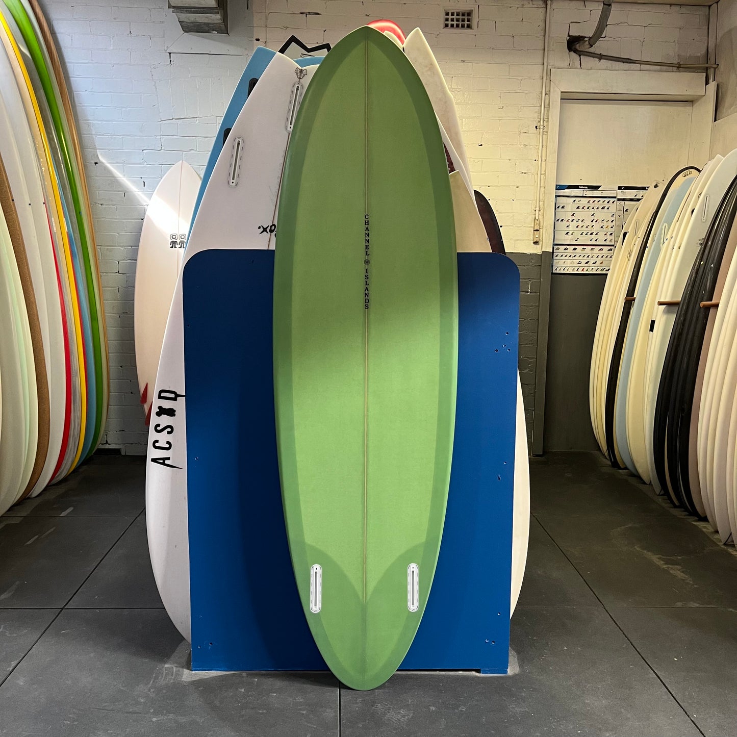Channel Islands mid twin 6'5" secondhand surfboard bottom view