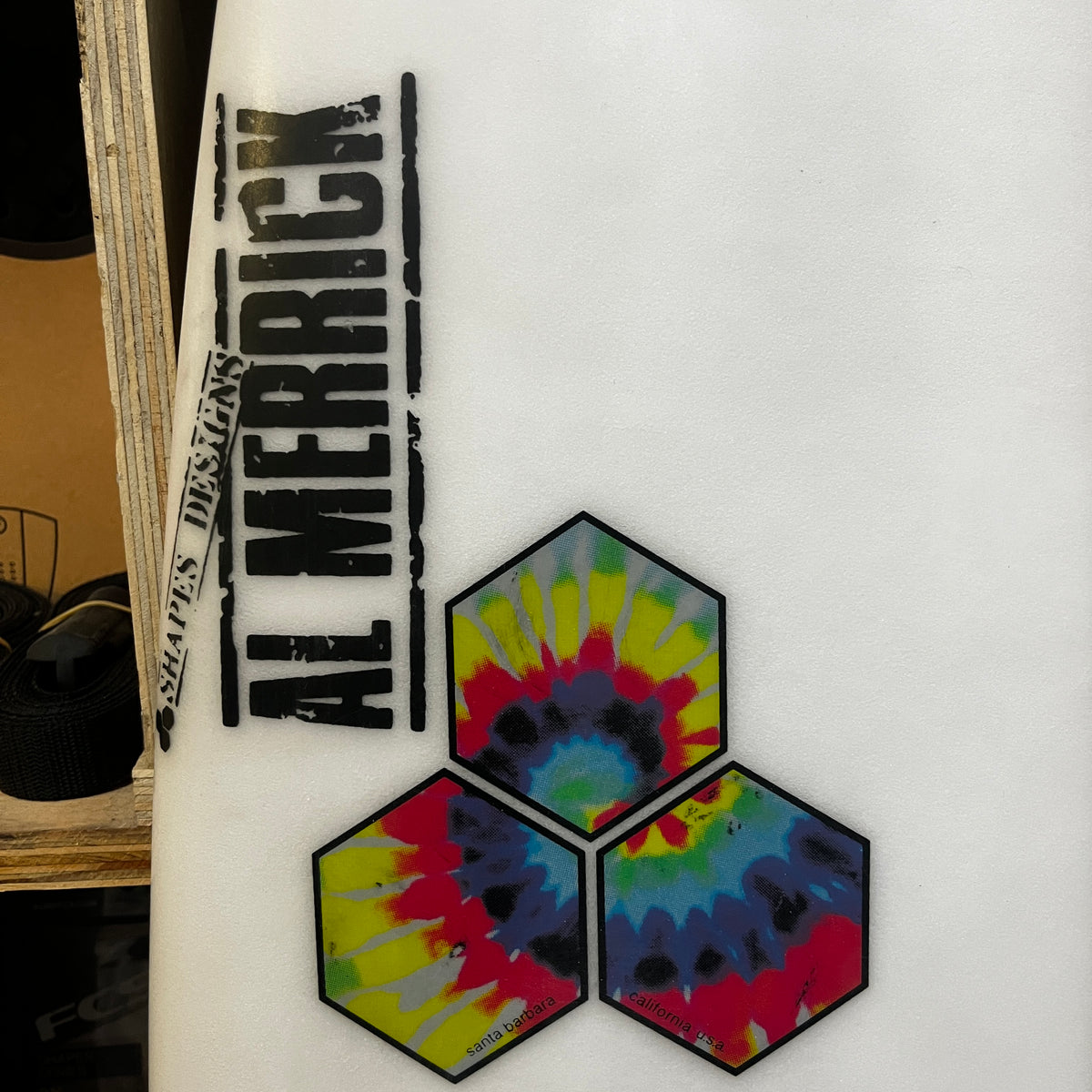 Channel Islands Rocket Wide 5'11" secondhand surfboard brand logo close-up