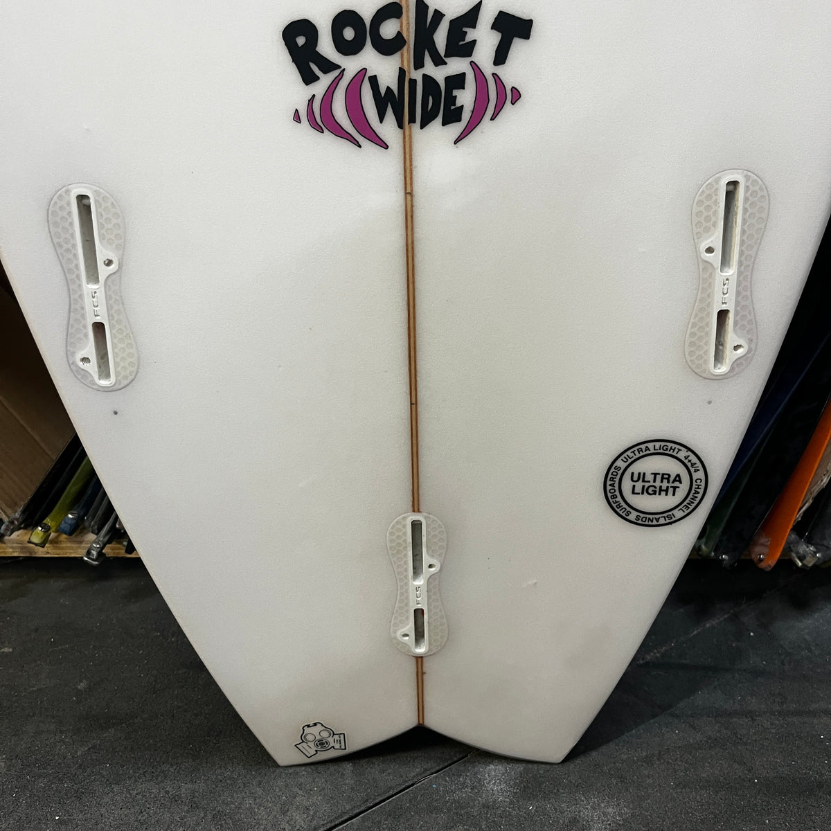 Channel Islands Rocket Wide 5'11" secondhand surfboard fin box close-up