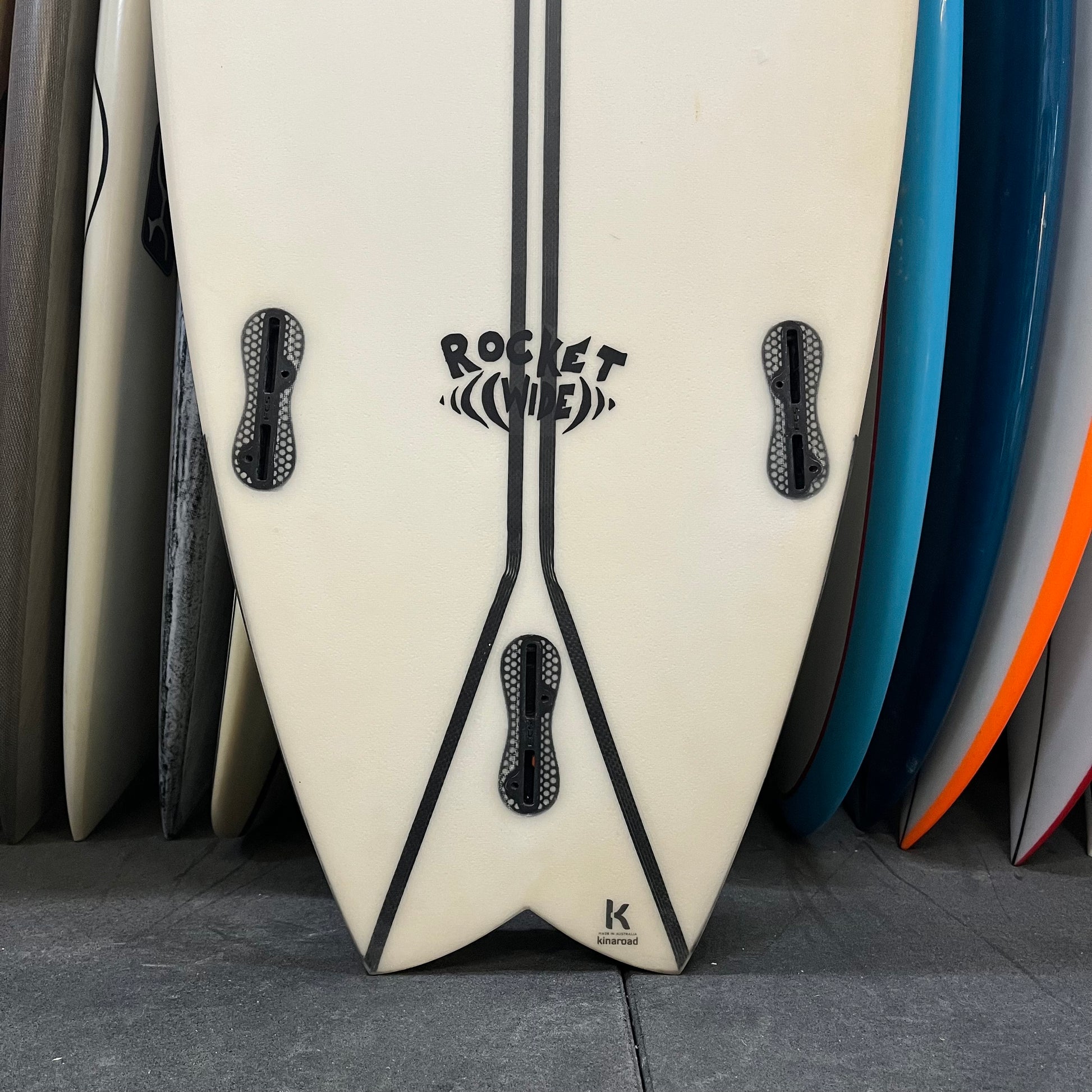 Channel Islands Rocket Wide 5'10" secondhand surfboard fin box close-up