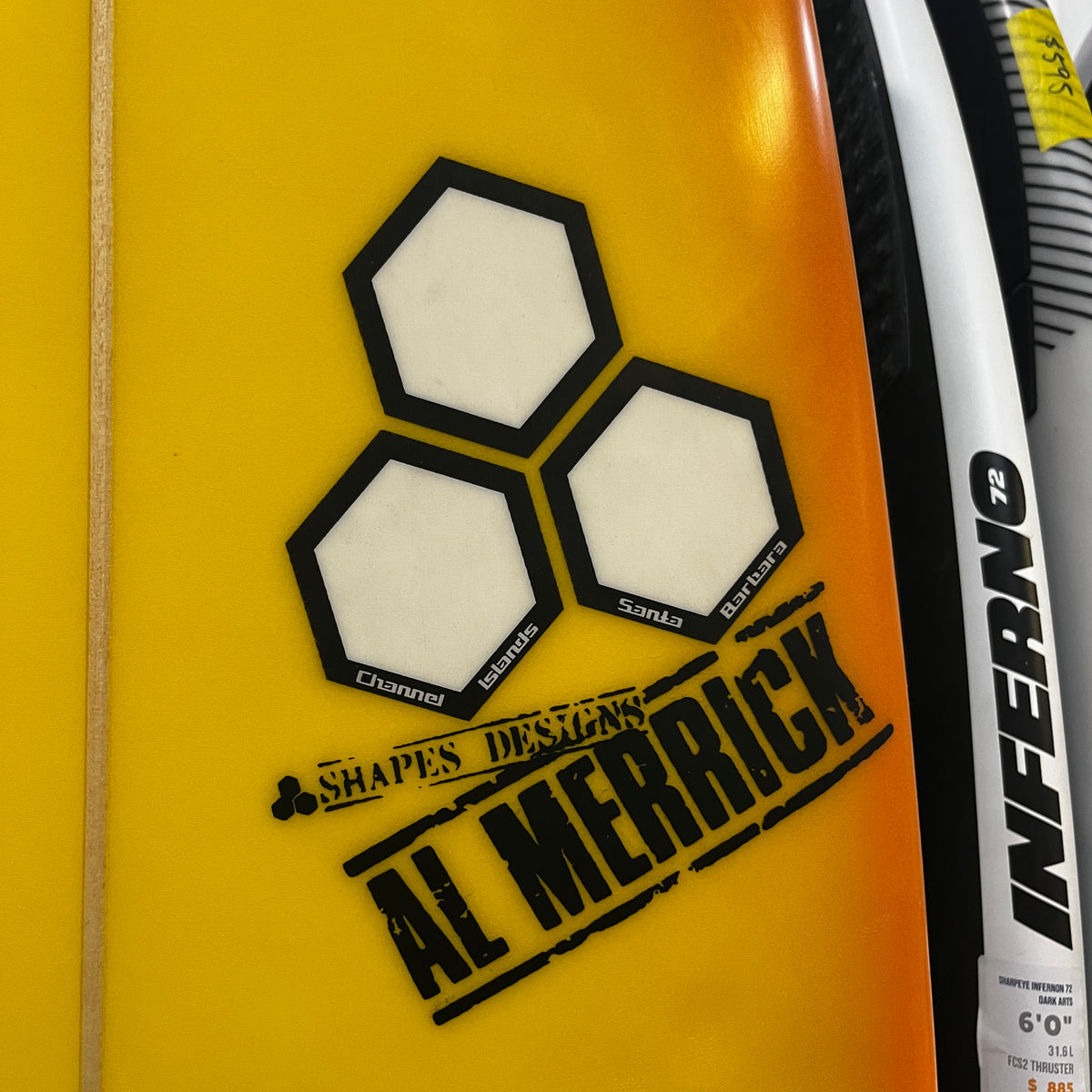 Channel Islands The Whip 6'6" secondhand surfboard brand logo close-up