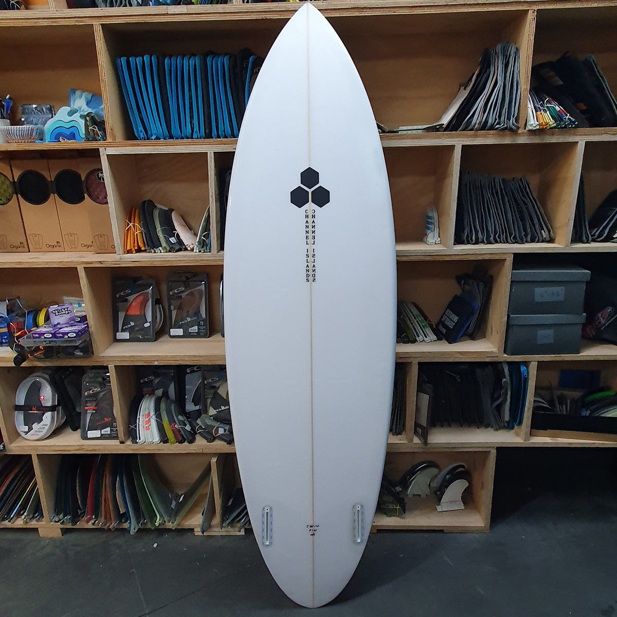 Channel Islands Twin Pin 6'2" secondhand surfboard bottom view