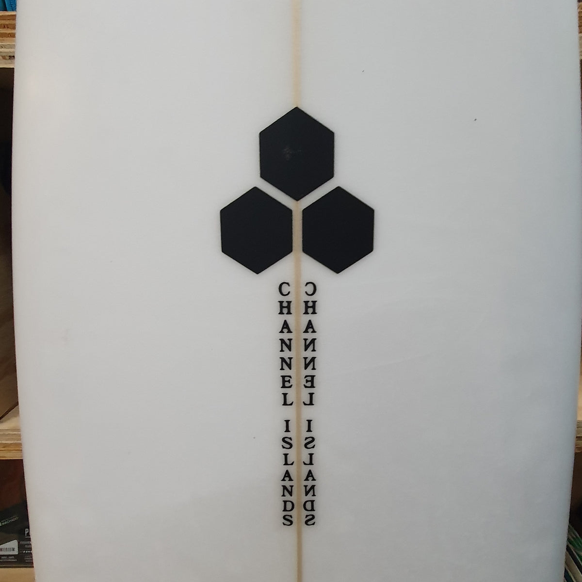 Channel Islands Twin Pin 6'2" secondhand surfboard brand logo close-up