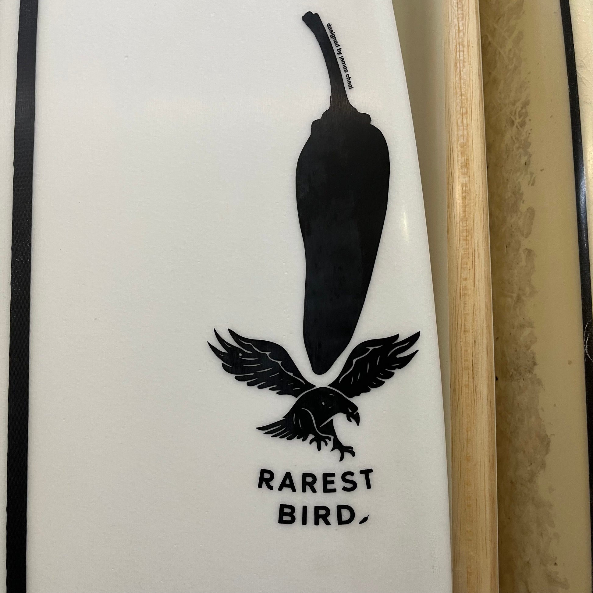 Chilli Rarest Bird 5'10" secondhand surfboard brand logo and model logo close-up