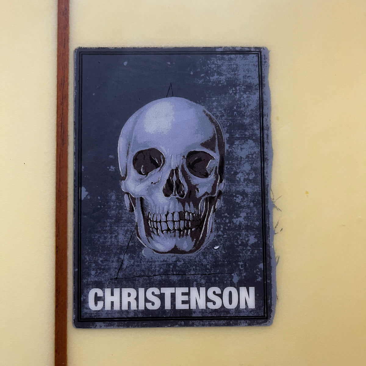 Christenson C-Bucket 7'6" secondhand surfboard brand name logo close-up