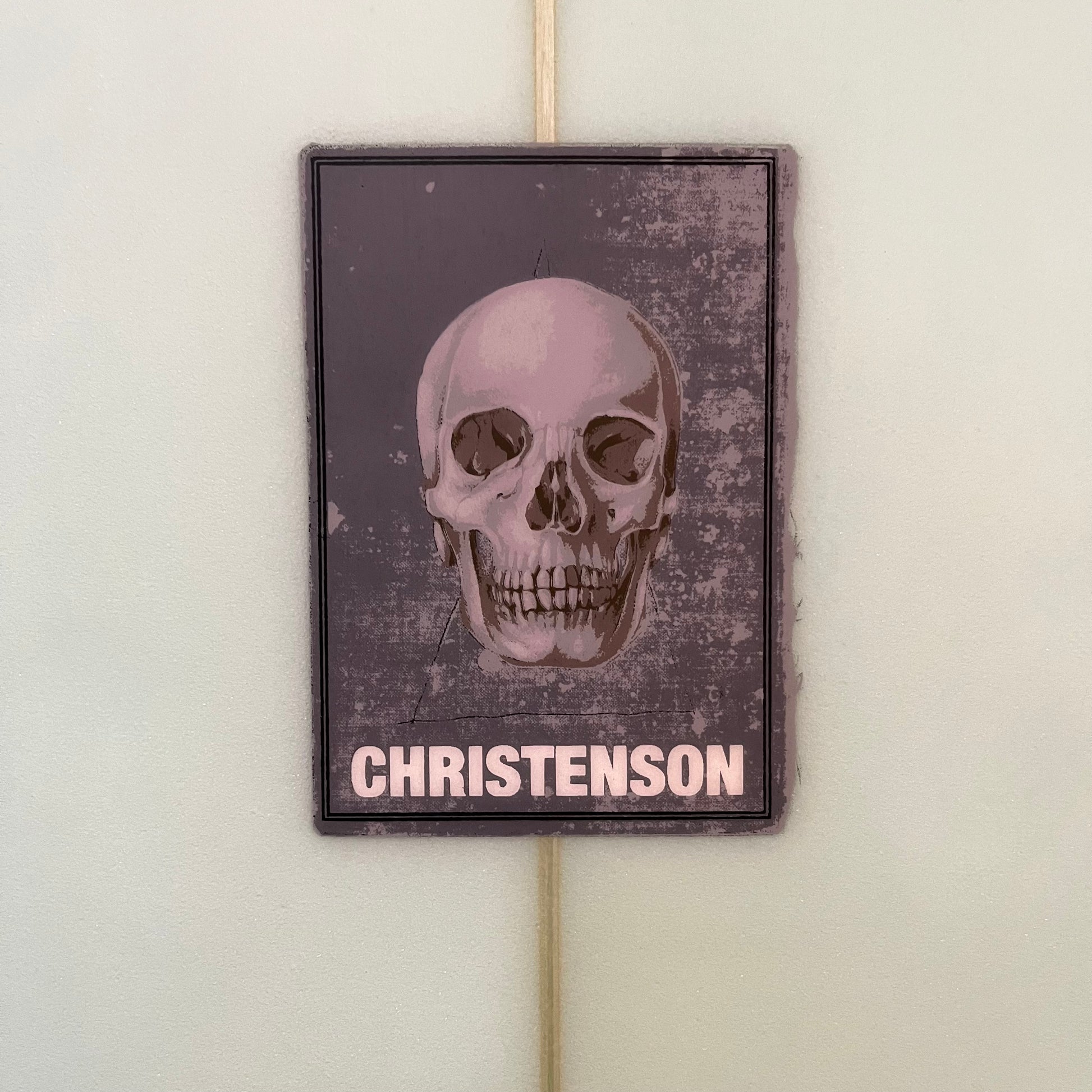 Christenson Invisible Policeman 6'8" secondhand surfboard brand logo close-up