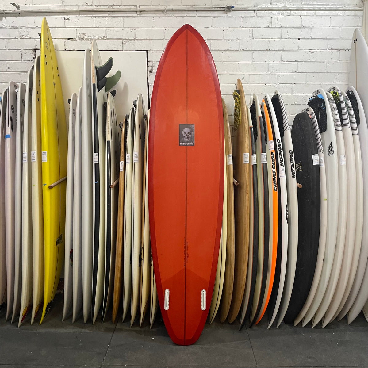 Christenson Twin Tracker 7'6" secondhand surfboard bottom view