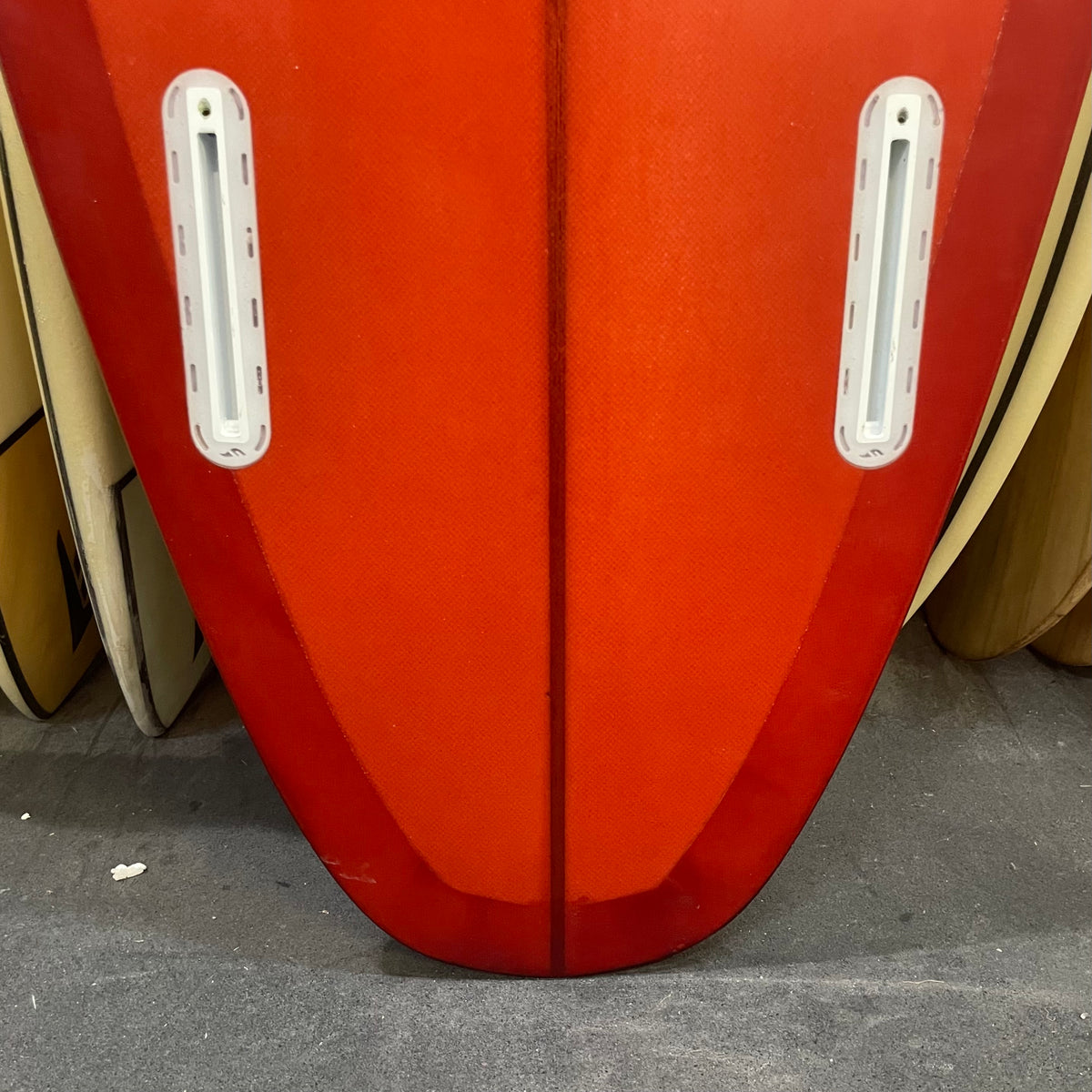 Christenson Twin Tracker 7'6" secondhand surfboard fin box close-up