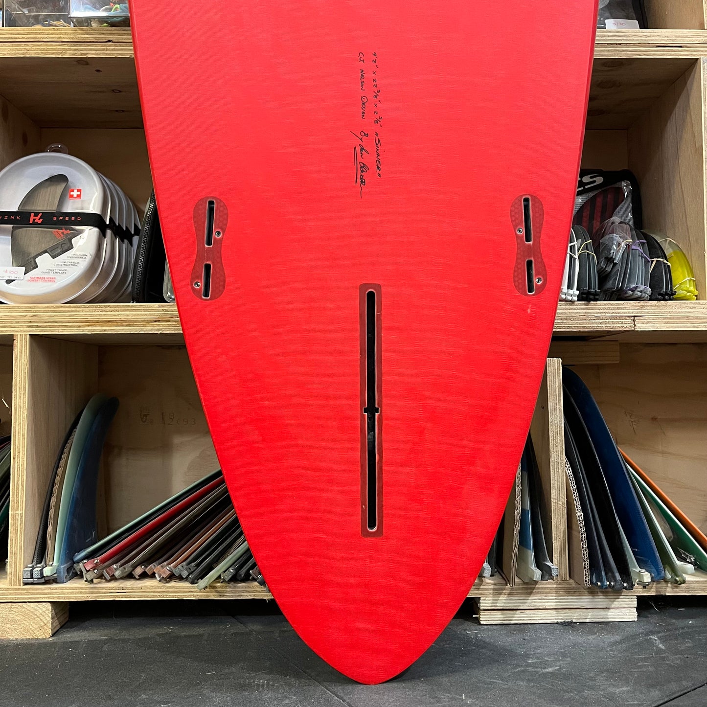 CJ Nelson Designs Surfboards The Sinner Xeon Red 9'2" secondhand surfboard fin box close-up