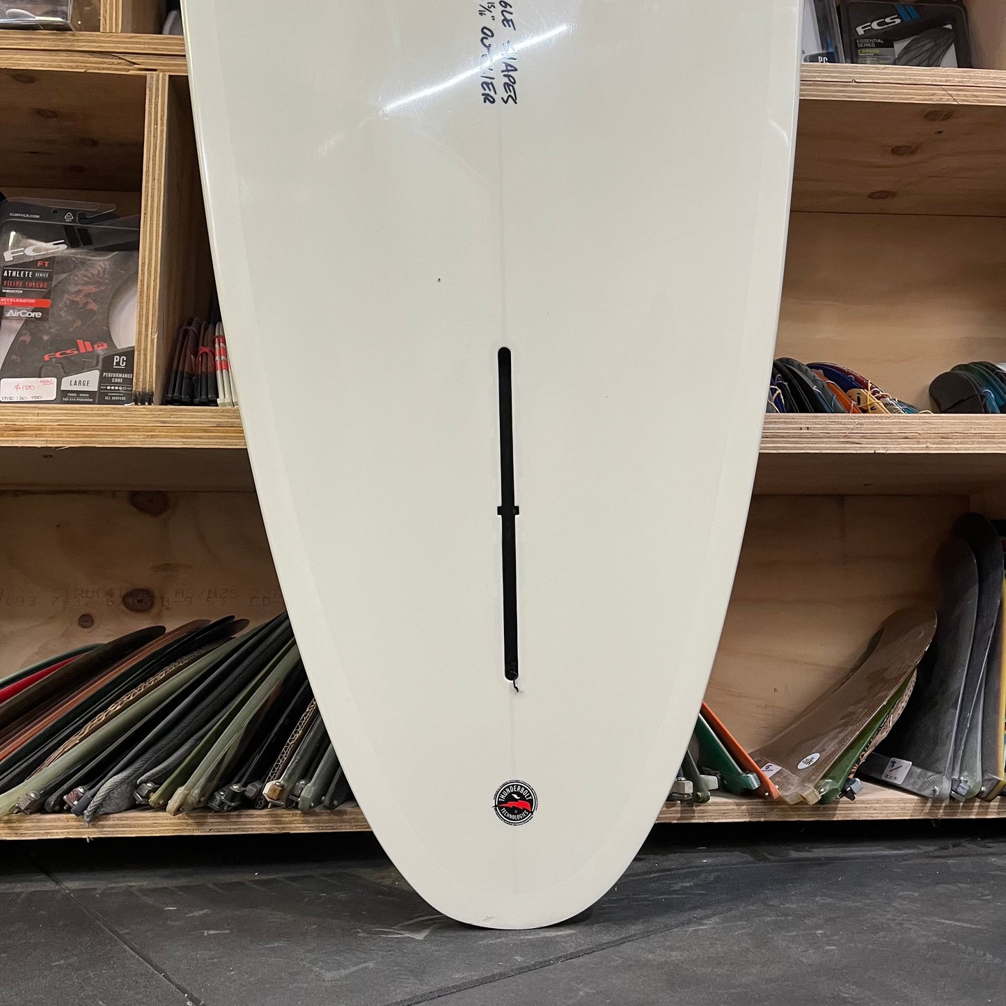 CJ Nelson Outlier 7'6" secondhand surfboard fin box close-up