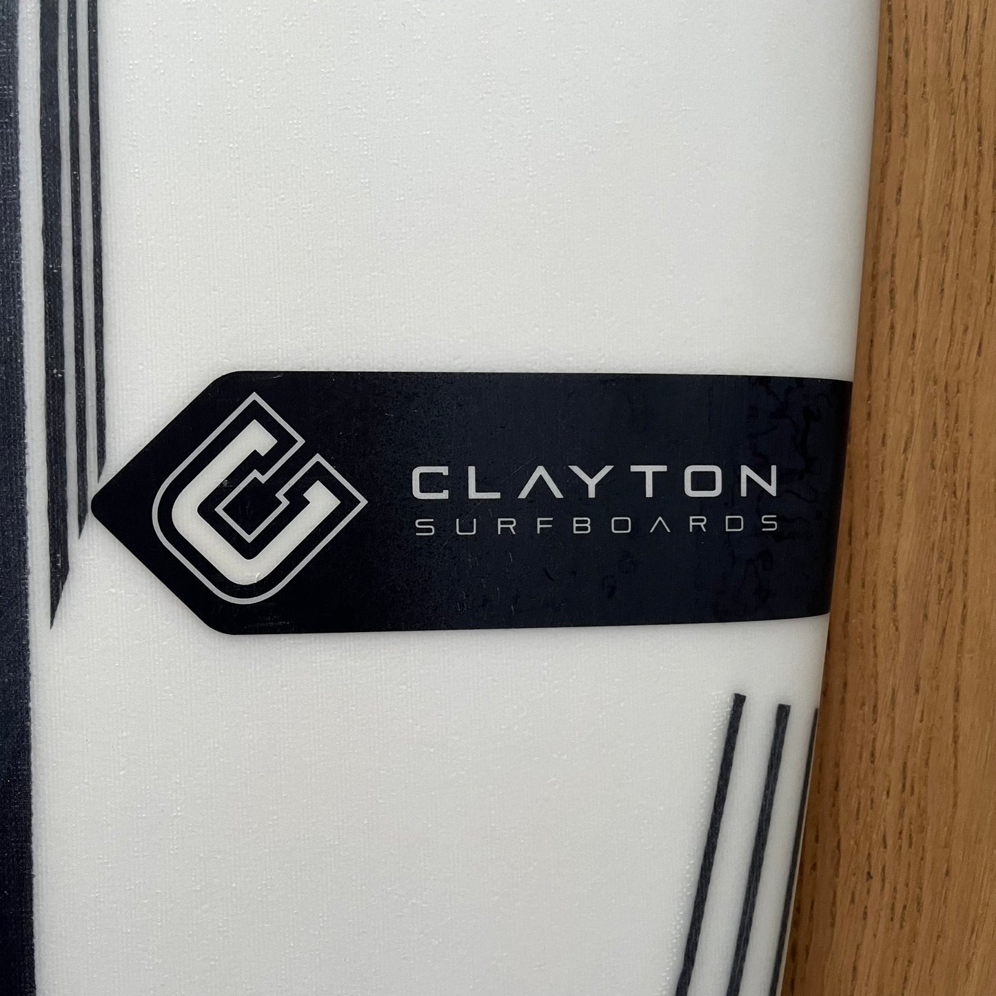 Clayton Surfboards Reflex 6'1" secondhand surfboard brand logo close-up