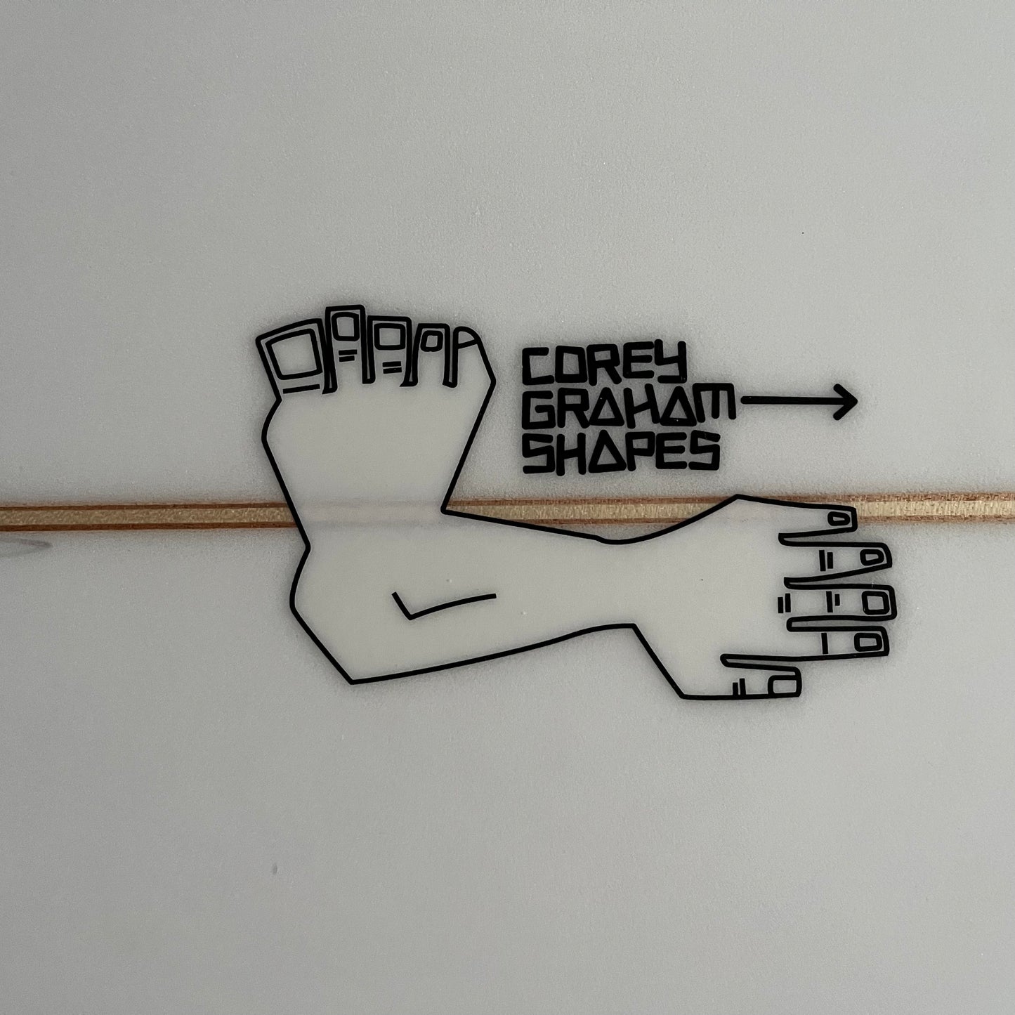 Corey Graham Shapes Channeled twin pin 8'0" secondhand surfboard brand logo close-up