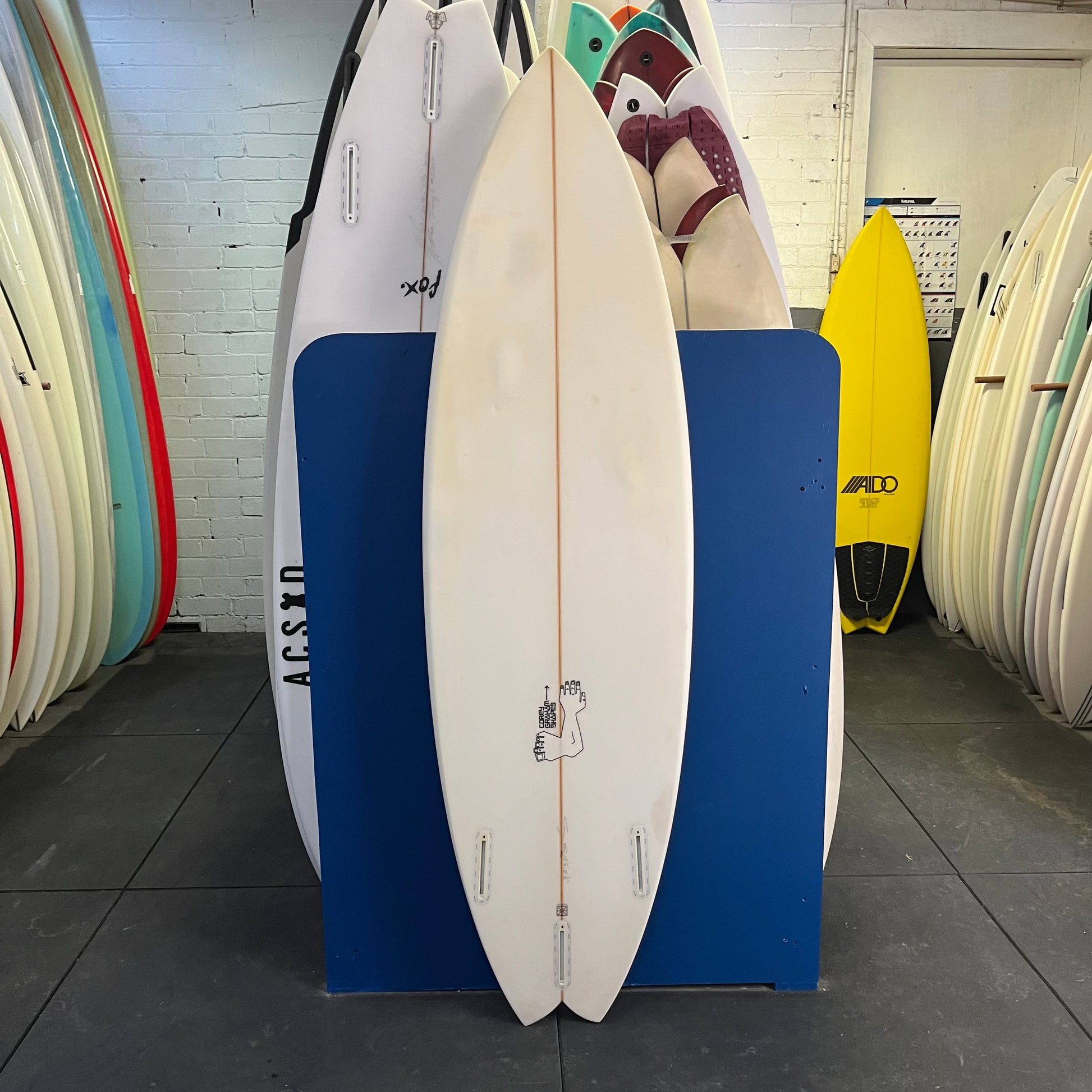 Corey Graham Shapes custom swallow tail 6'0" secondhand surfboard bottom view