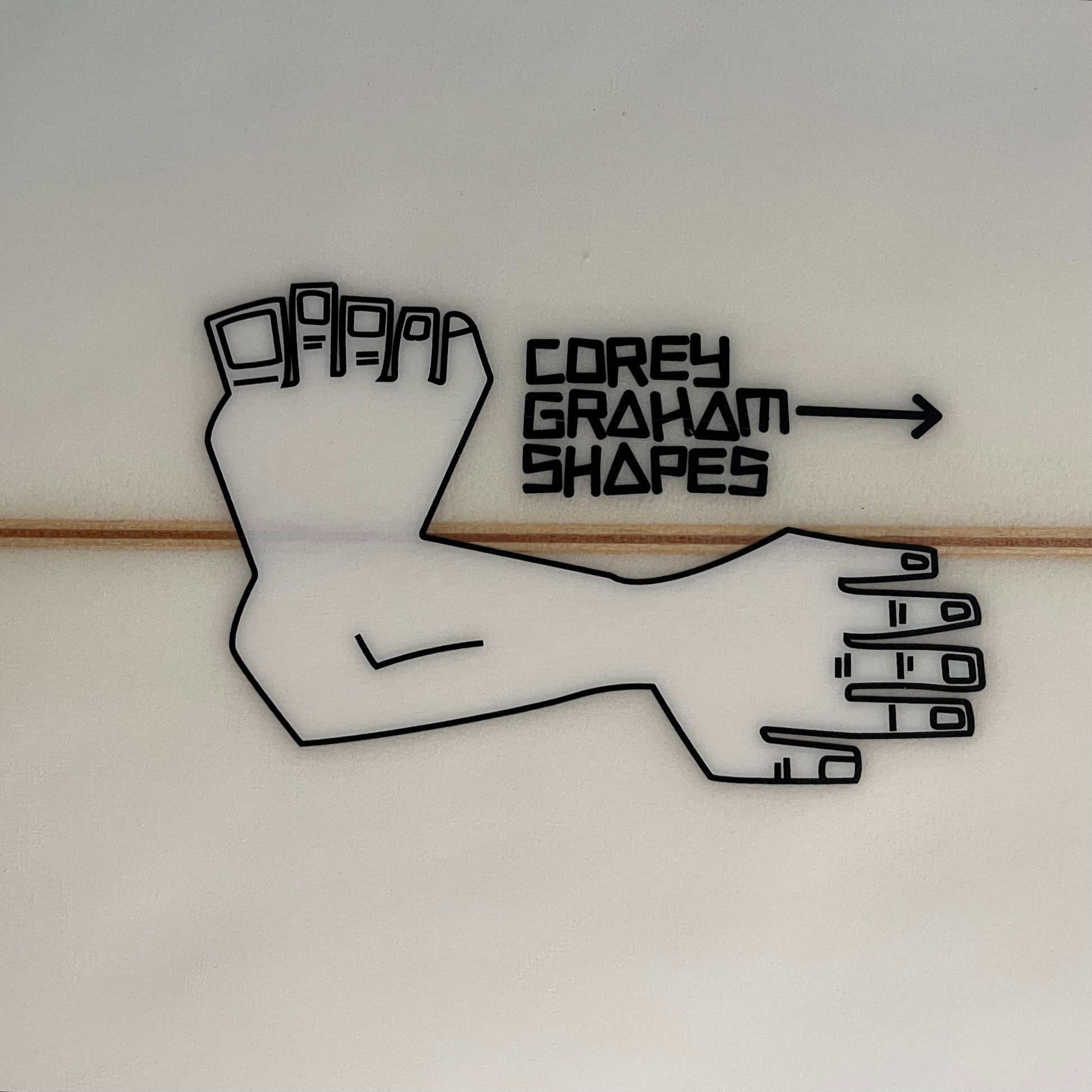 Corey Graham Shapes custom swallow tail 6'0" secondhand surfboard brand logo close-up