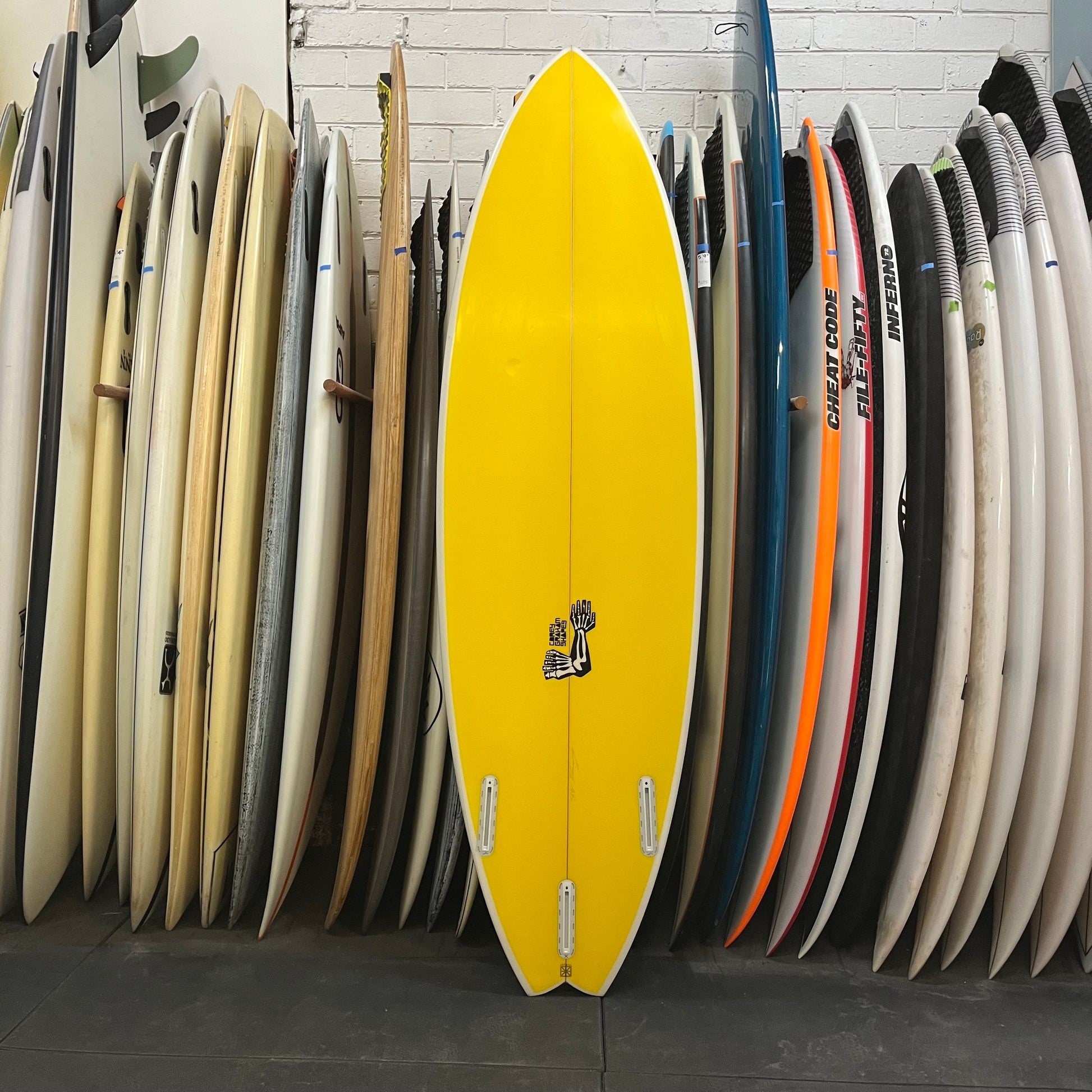 Corey Graham Shapes swallow tail 6'1" secondhand surfboard bottom view