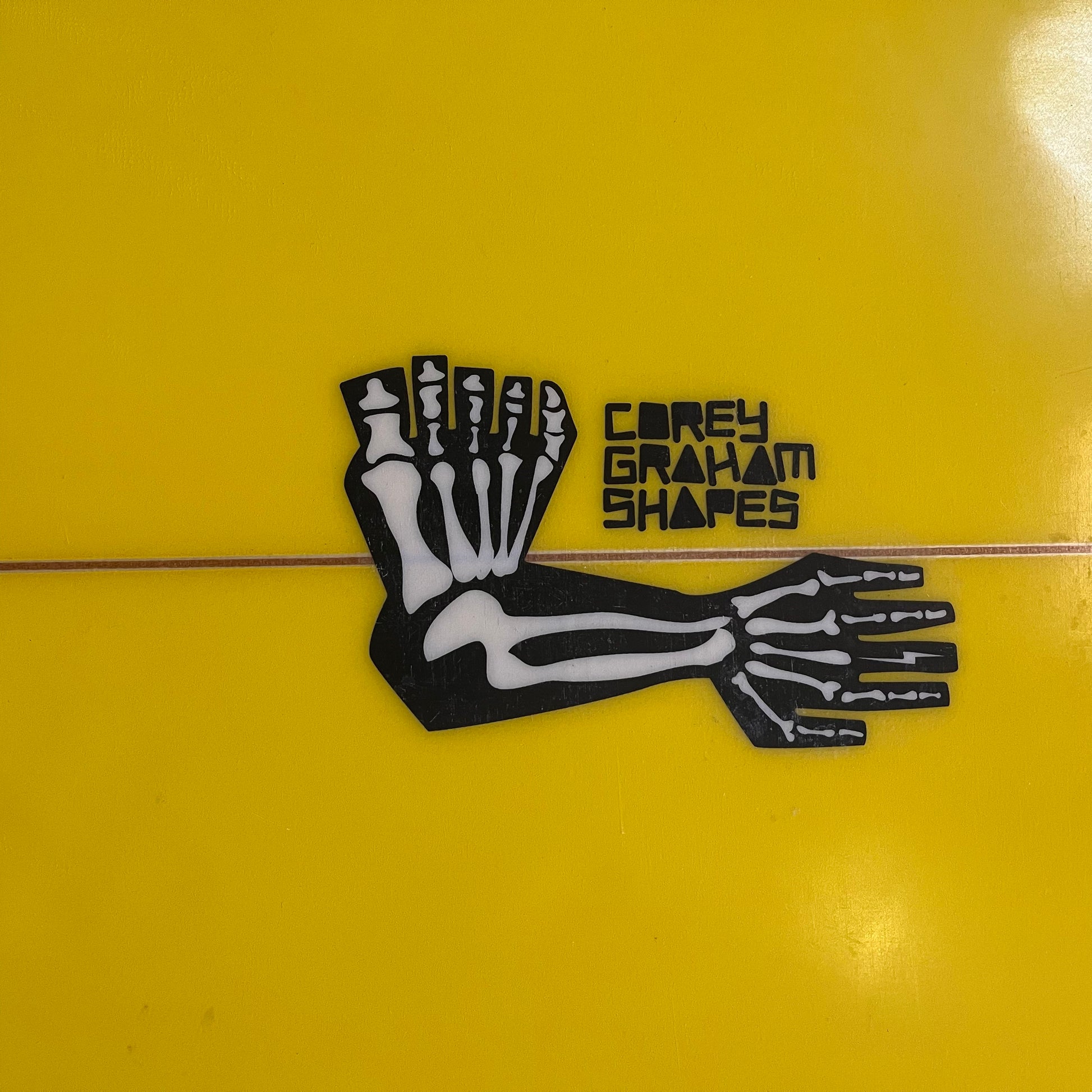 Corey Graham Shapes swallow tail 6'1" secondhand surfboard brand logo close-up