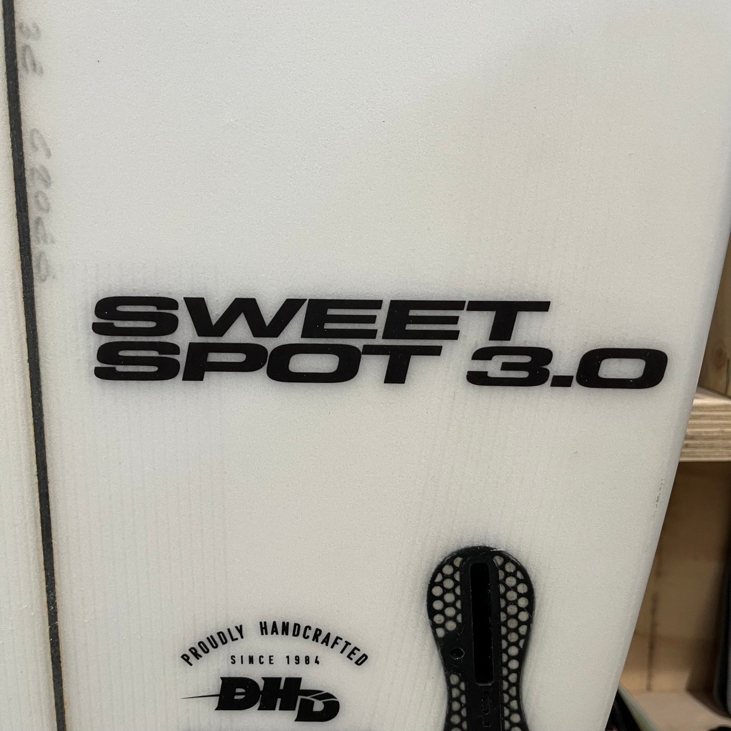 DHD Darren Handley Designs Sweet Spot 3.0 6'5" secondhand surfboard model logo close-up