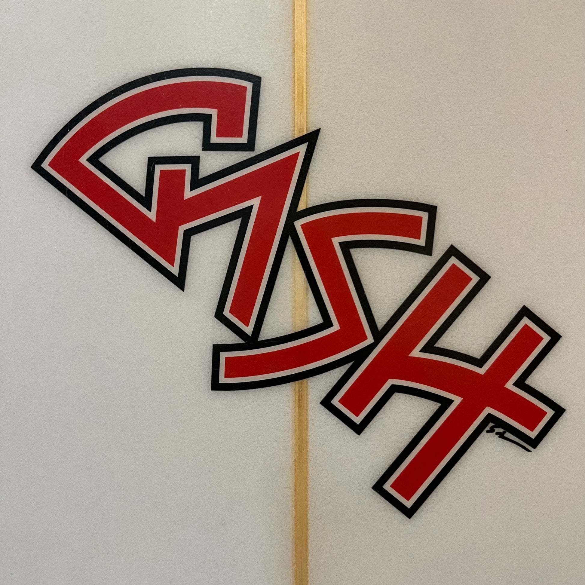 Gash/Greg Brown thrusters 6'2" secondhand surfboard brand logo close-up