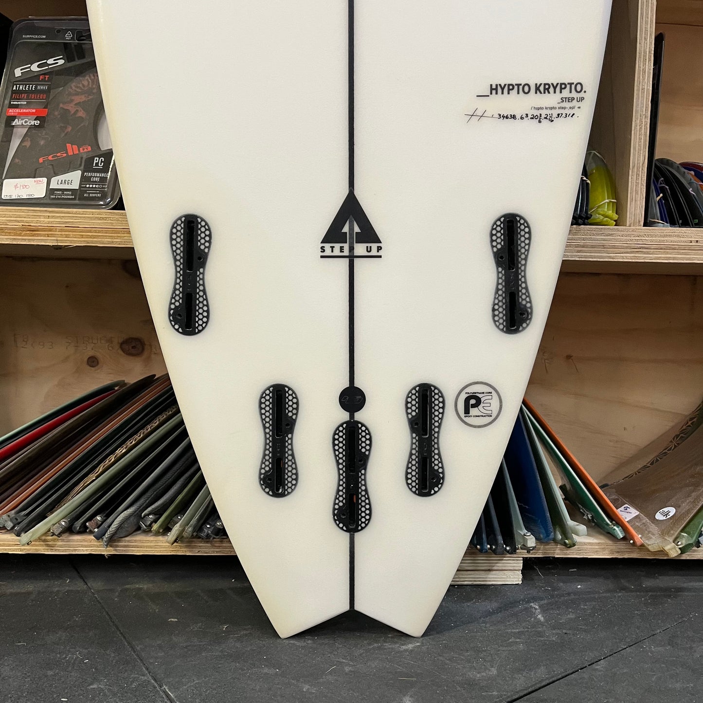 Hayden Shapes Hypto Krypto Step-up PE 6'3" secondhand surfboard fin box close-up