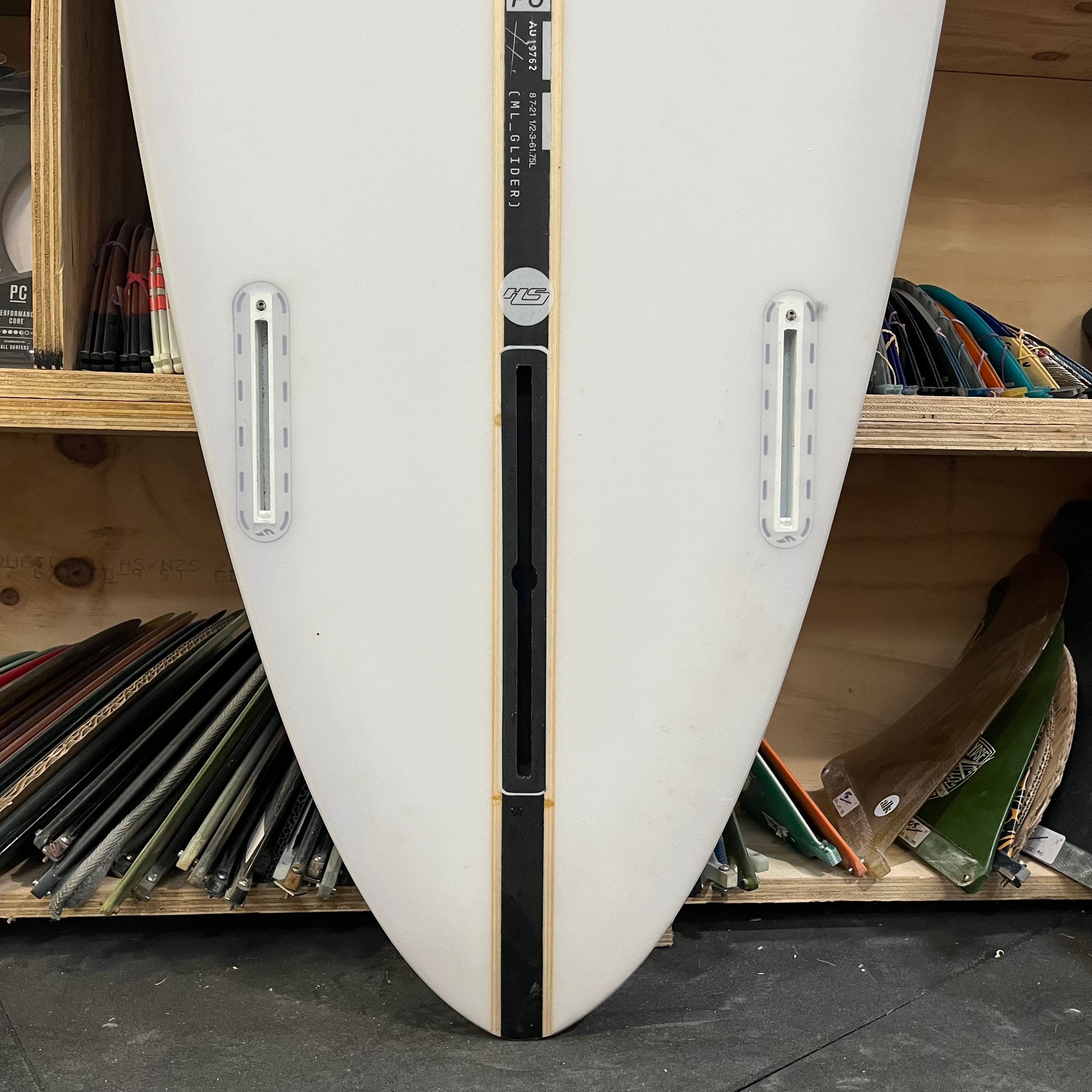 Hayden Shapes mid length glider 8'7" secondhand surfboard fin box close-up