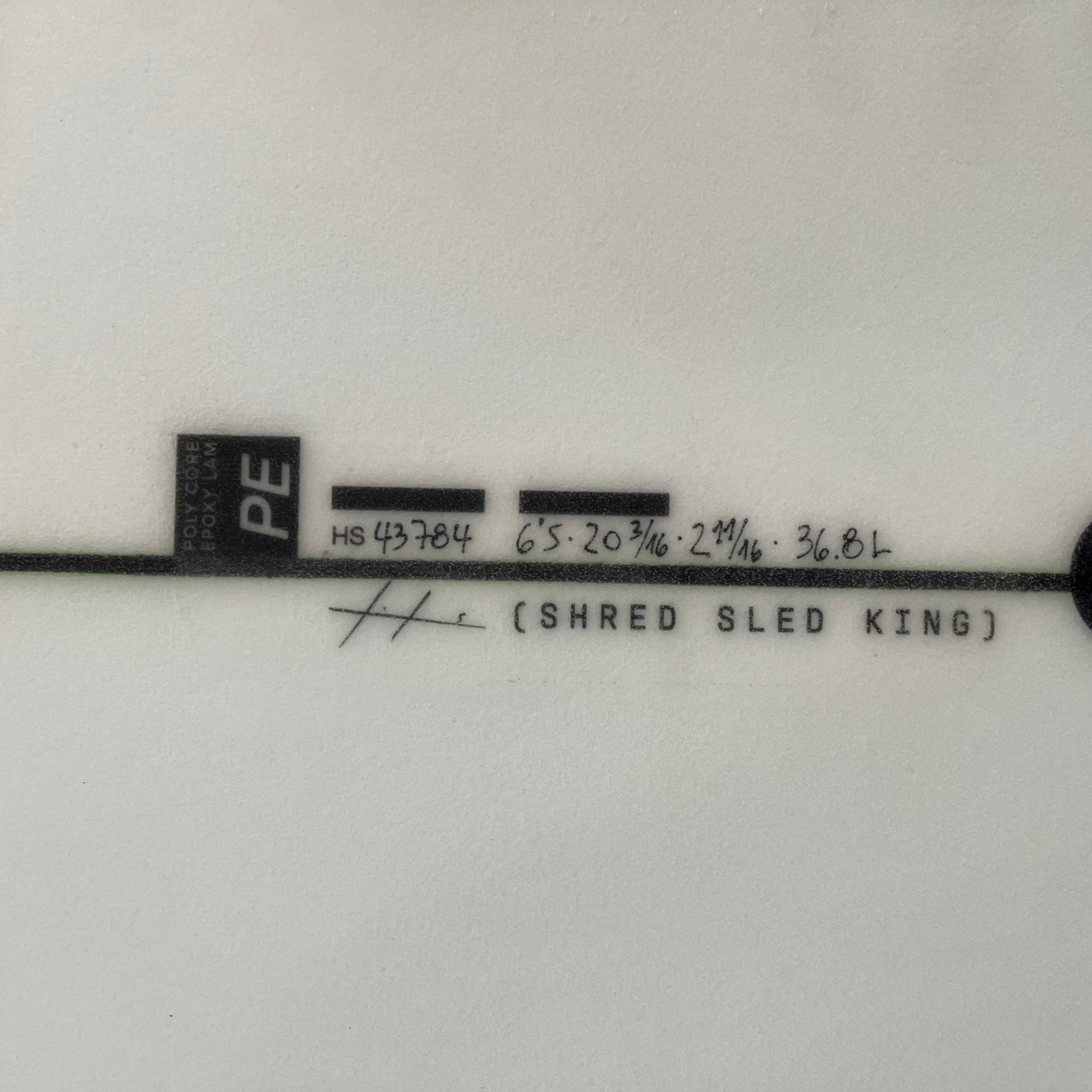 Hayden Shapes Shred Sled King 6'5" secondhand surfboard dimensions close-up