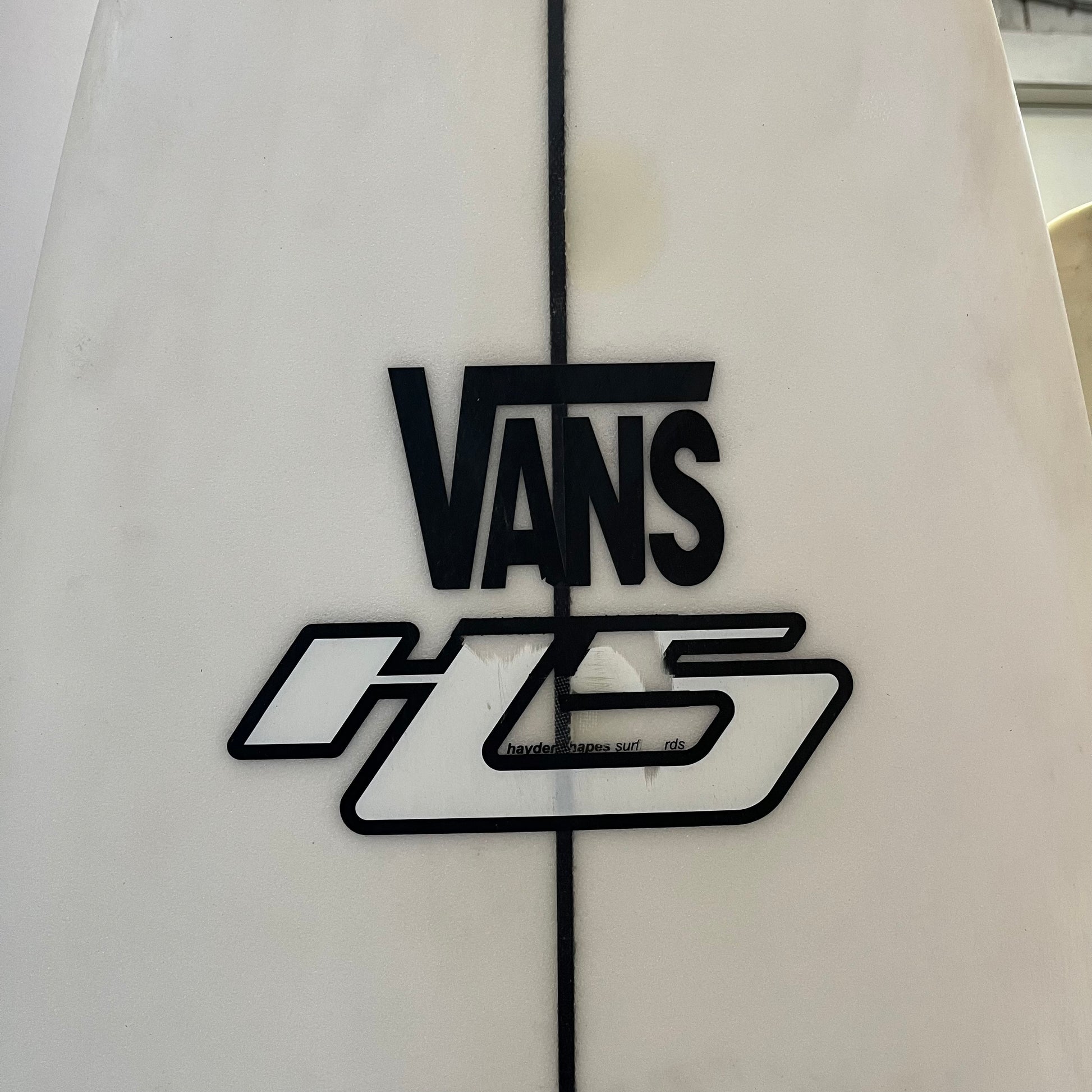 Hayden Shapes White Noiz 6'3" secondhand surfboard brand logo close-up