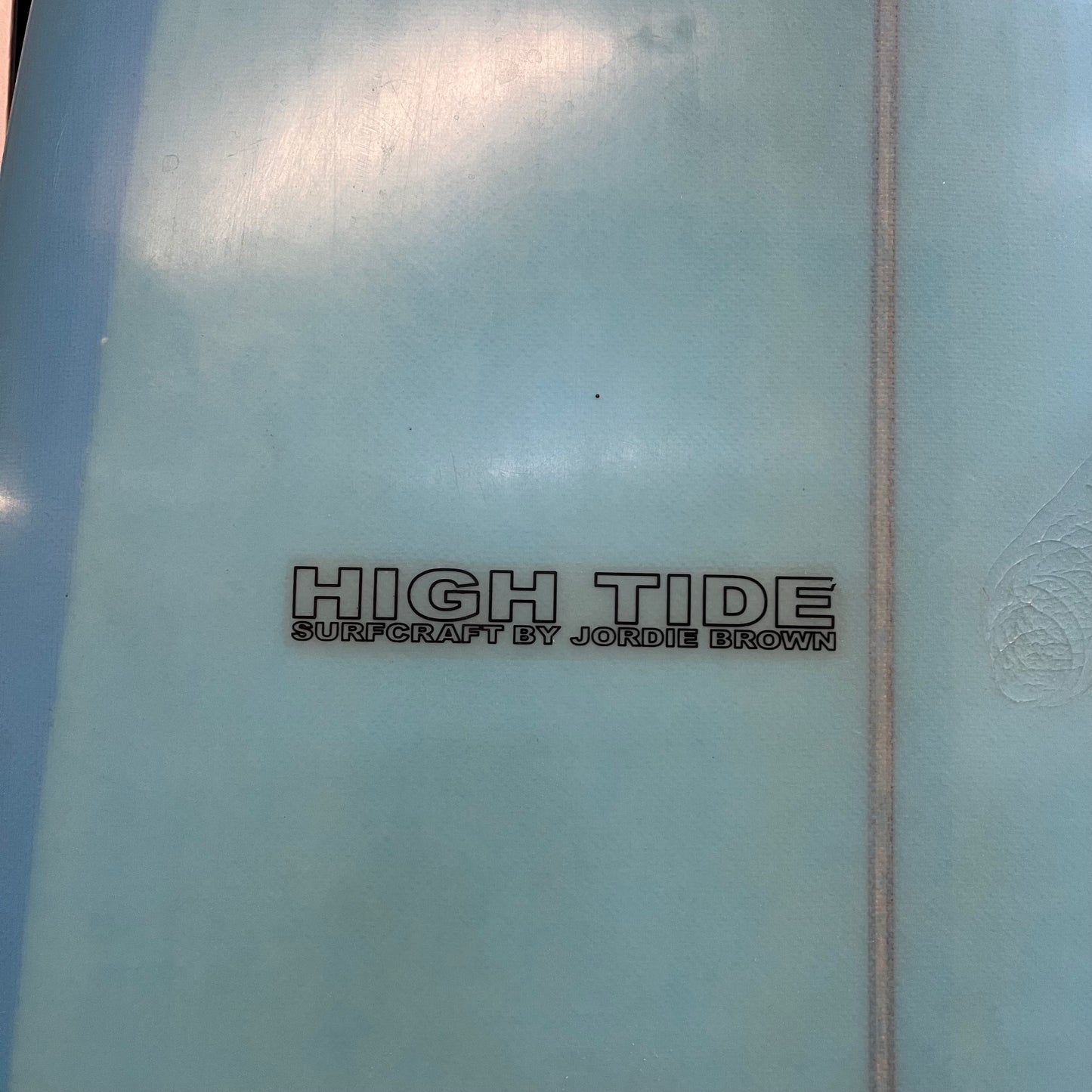 Hightide performance longboard 9'2" secondhand surfboard brand logo name close-up